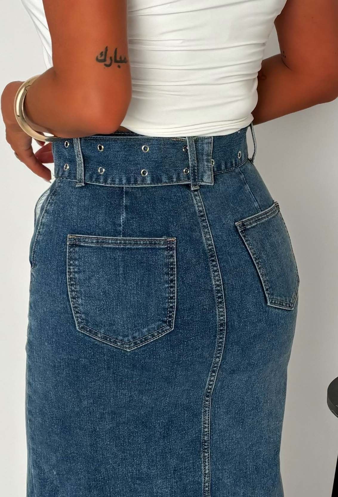 Ellie Mid Blue Stretch Denim Belted Midi Skirt - Image 4