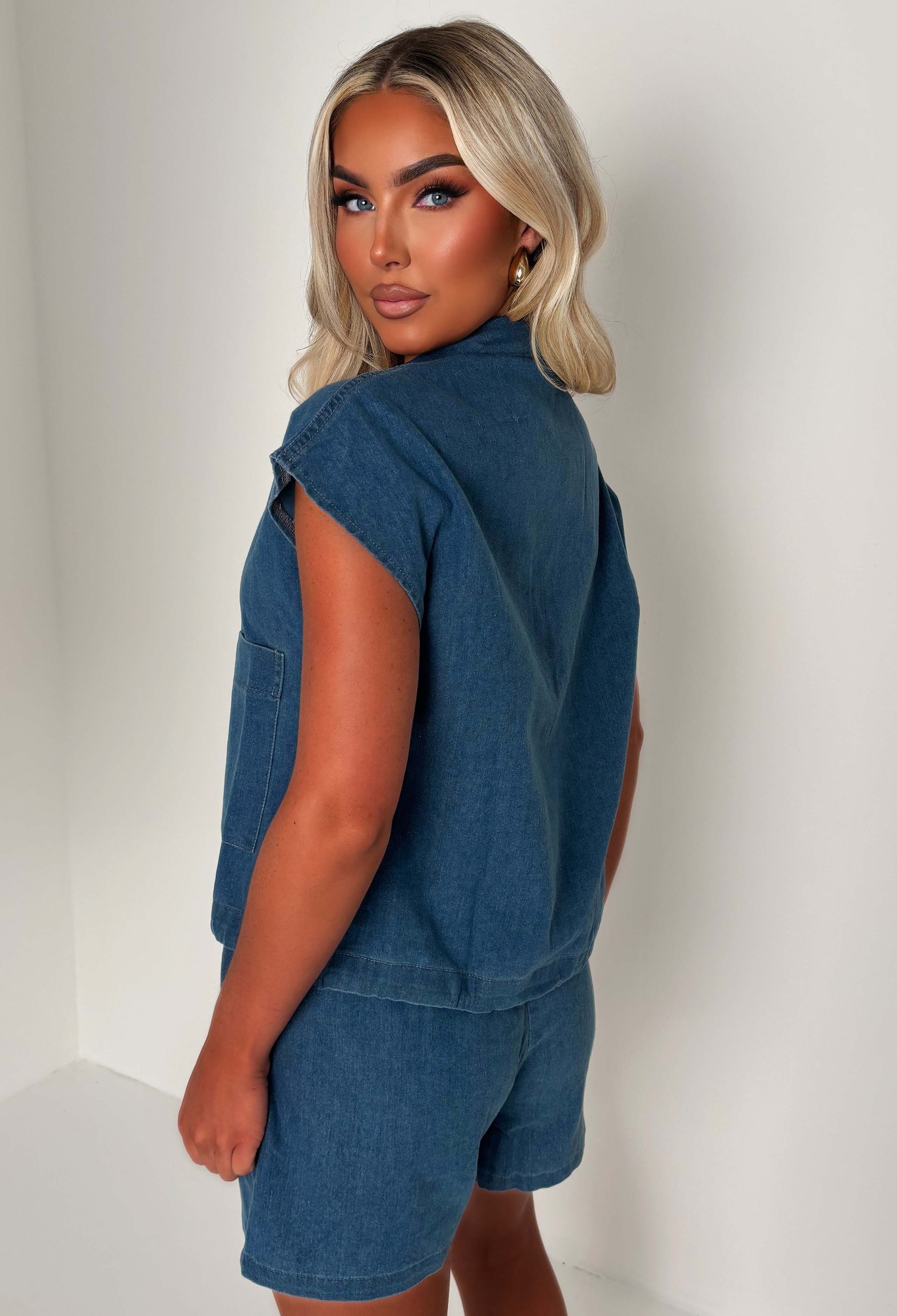 Eloise Mid Blue Denim Shorts Co-Ord Set - Image 2