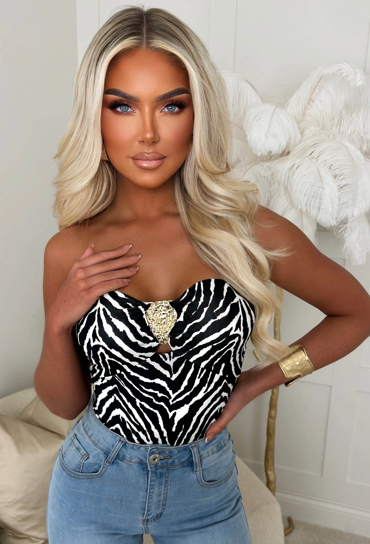 Enchant Me Black Zebra Gold Detail Bandeau Stretch Bodysuit - Image 4