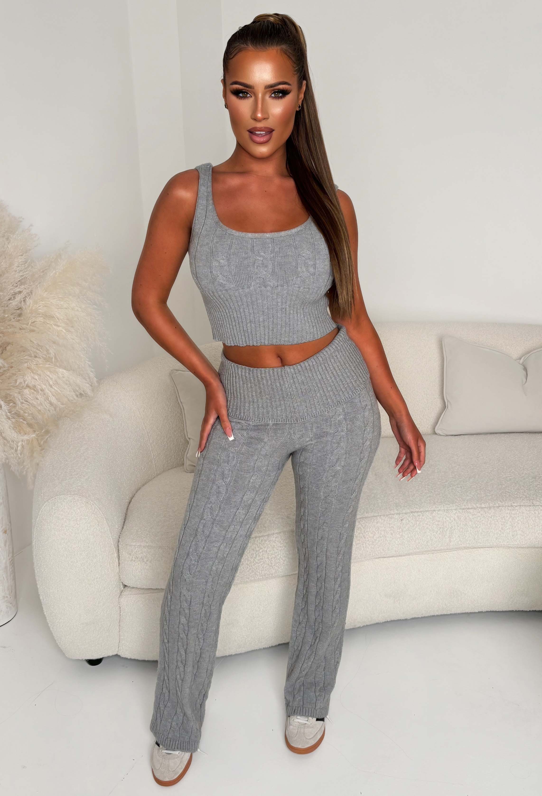 Enchanting Elegance Grey Marl Cable Knitted Lounge Top - Image 2
