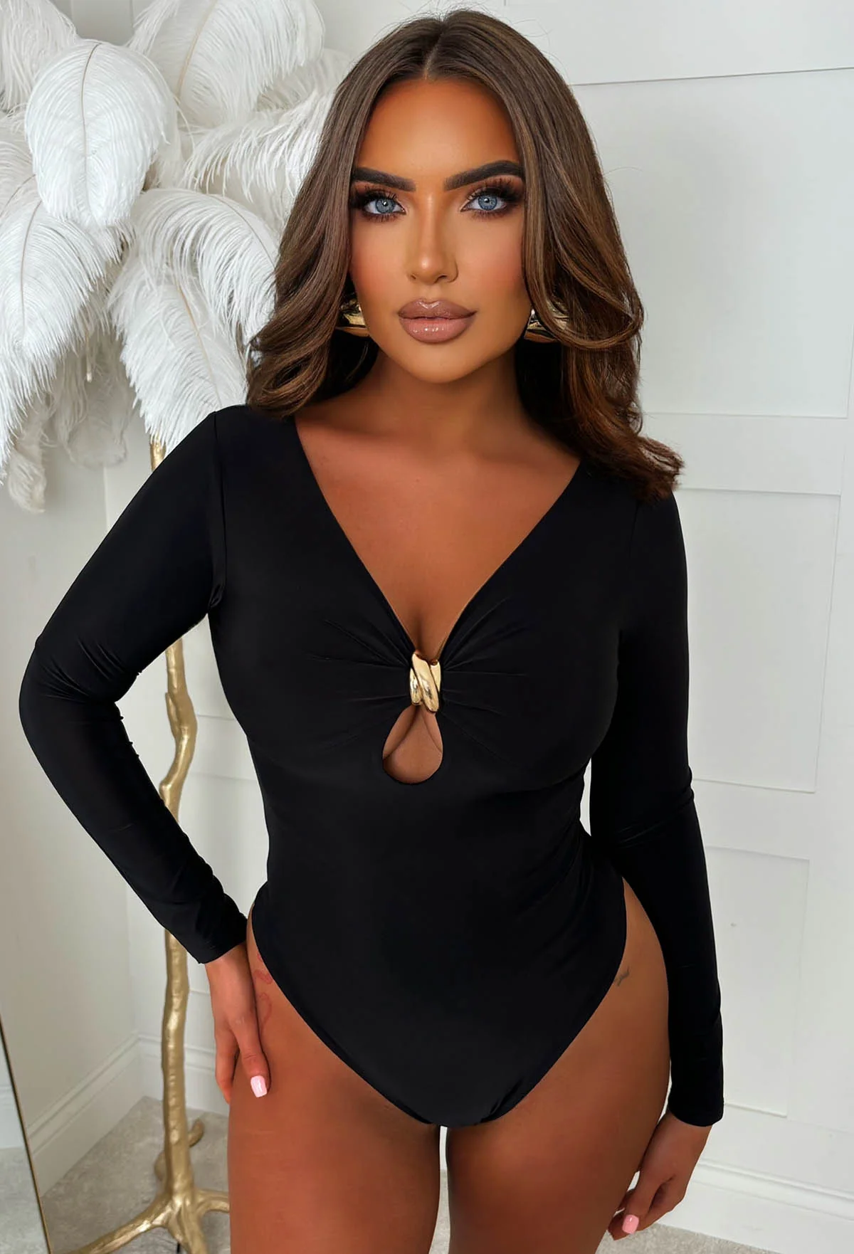 Entice Me Black Key Hole Gold Detail Stretch Bodysuit - Image 3