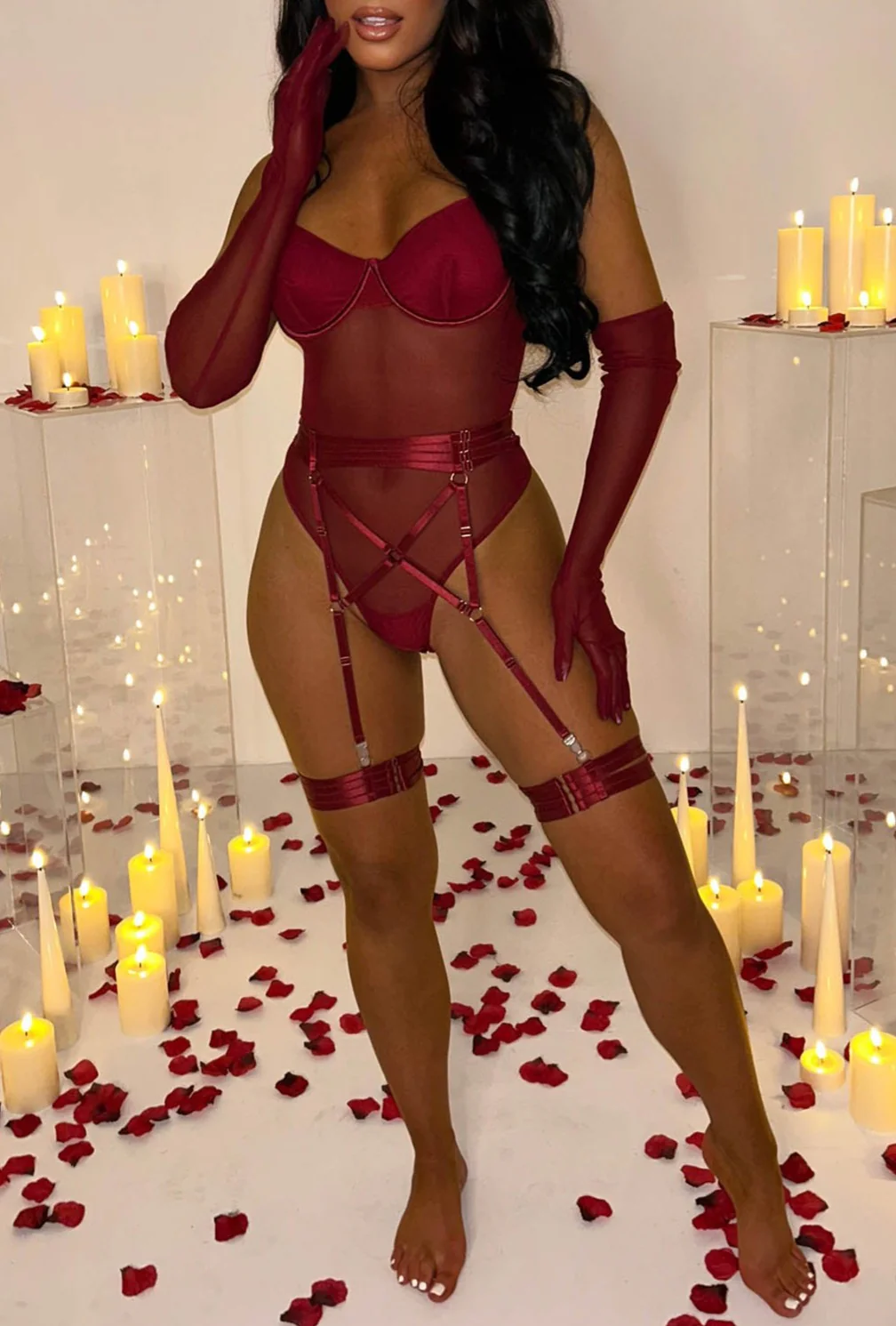 Entice Me Red Sheer Mesh 3-Piece Lingerie Set - Image 3