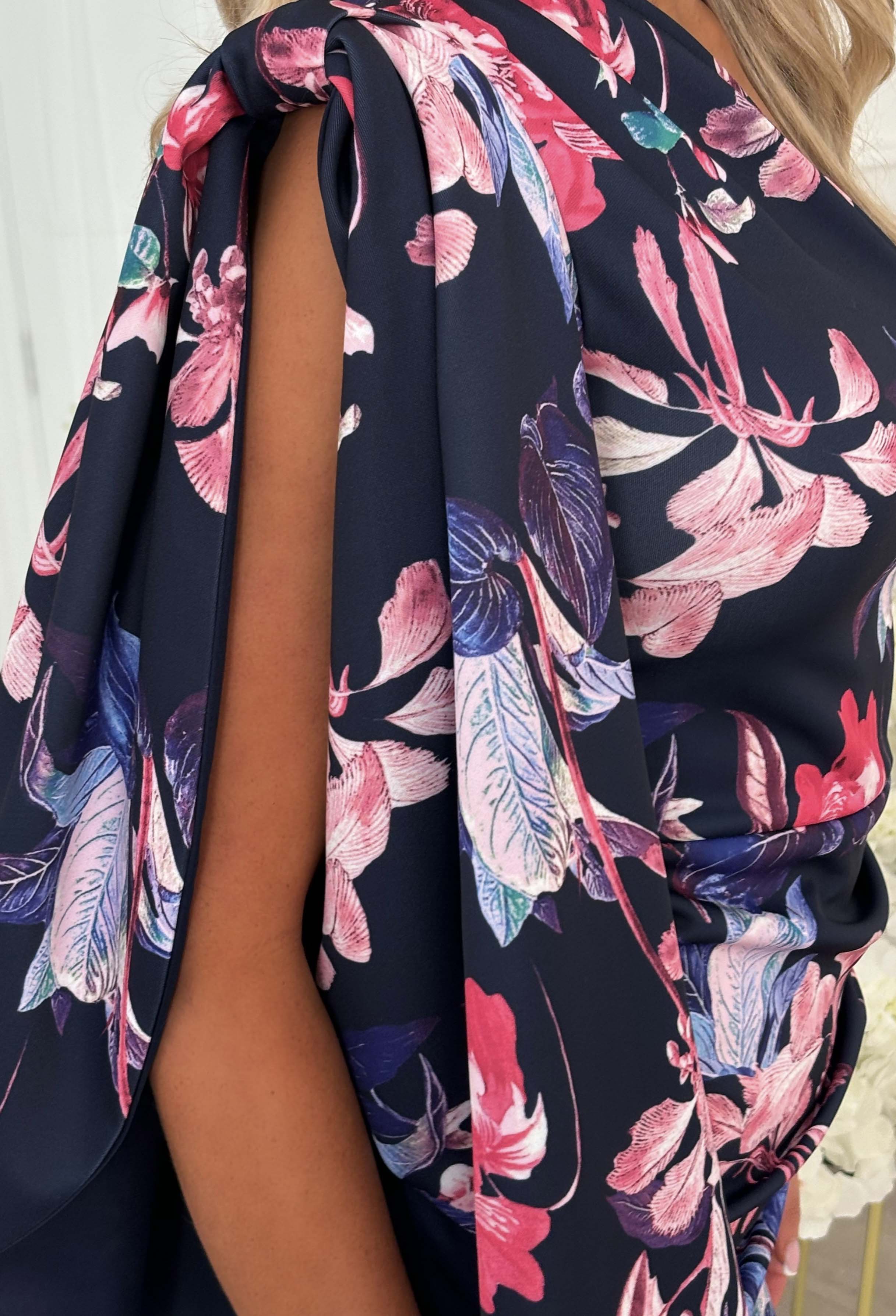 Epitome Of Elegance Navy Floral Bow Draped Shoulder Dress - Image 3