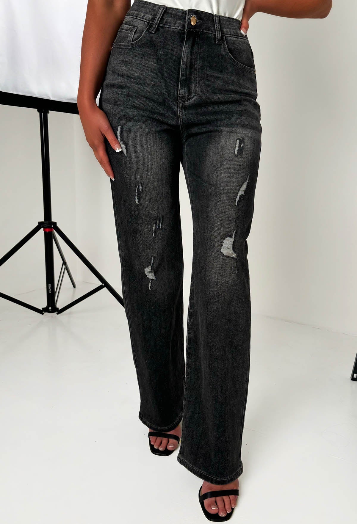 Escape In Denim Black Stretch Distressed Straight Leg Jeans - Image 3