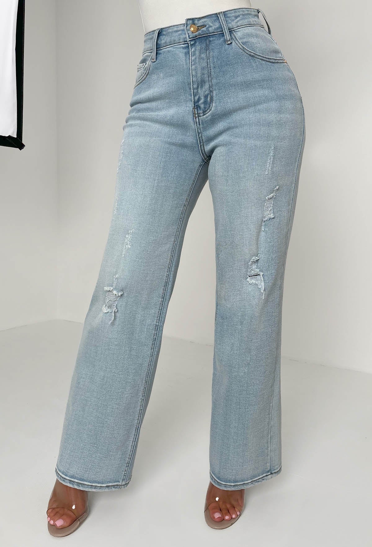 Escape In Denim Light Blue Stretch Distressed Straight Leg Jeans - Image 2