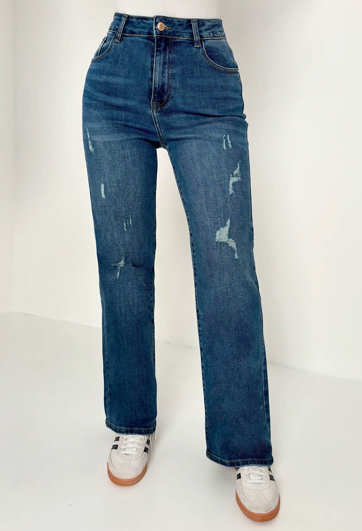 Escape In Denim Mid Blue Stretch Distressed Straight Leg Jeans - Image 2