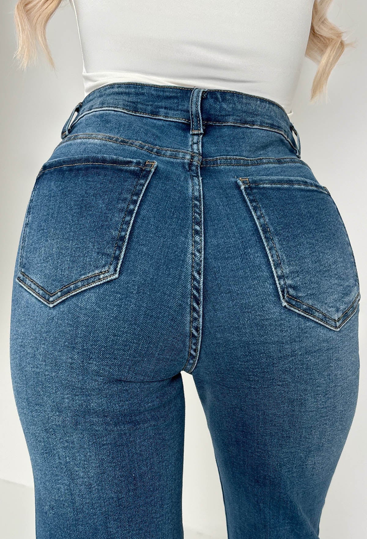 Escape In Denim Mid Blue Stretch Distressed Straight Leg Jeans - Image 3