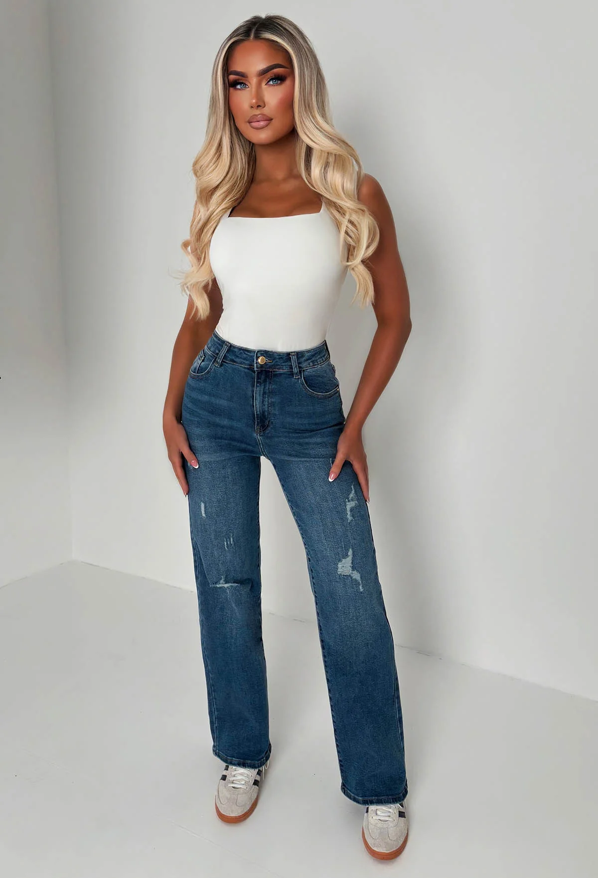 Escape In Denim Mid Blue Stretch Distressed Straight Leg Jeans - Image 4