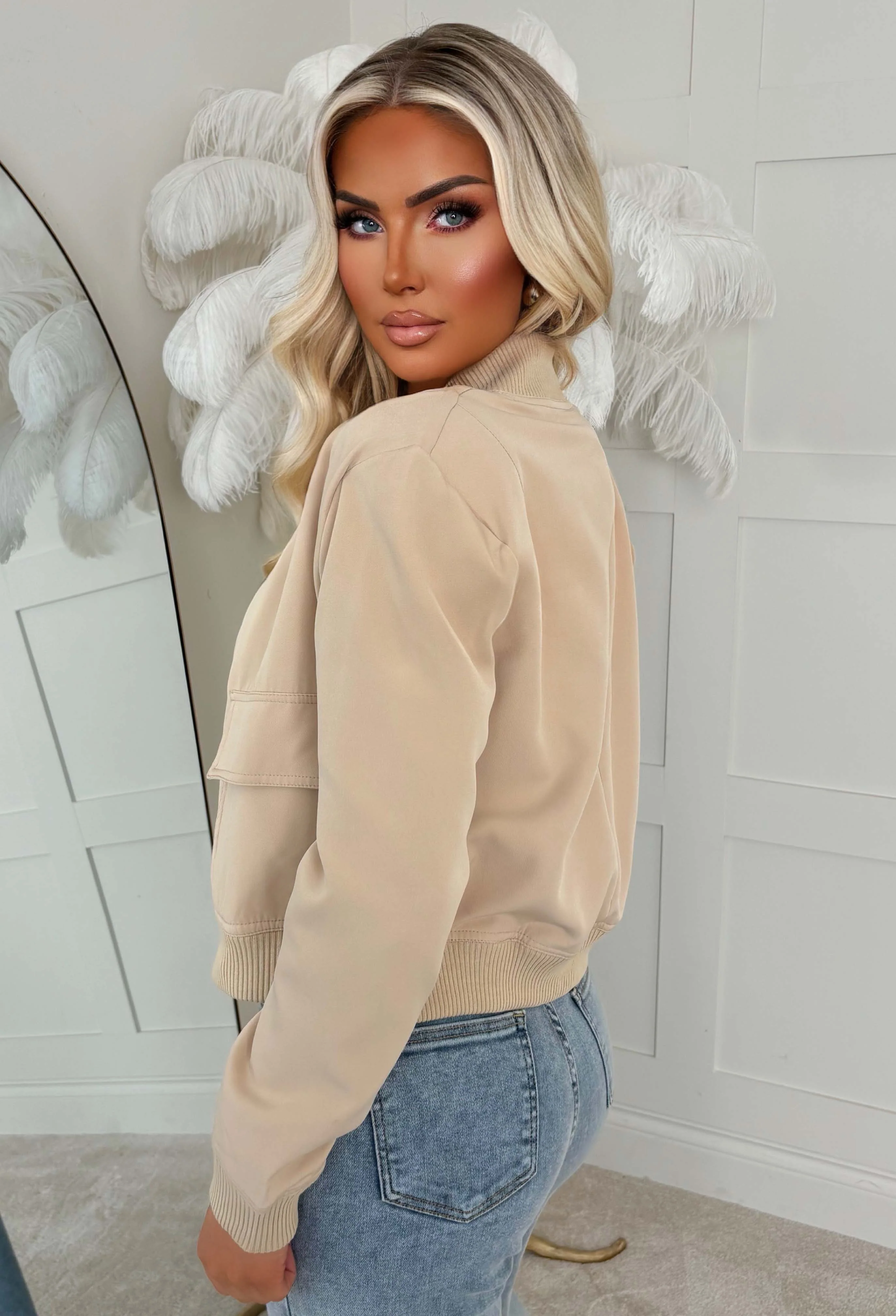 Essential Icon Beige Cropped Bomber Jacket - Image 3