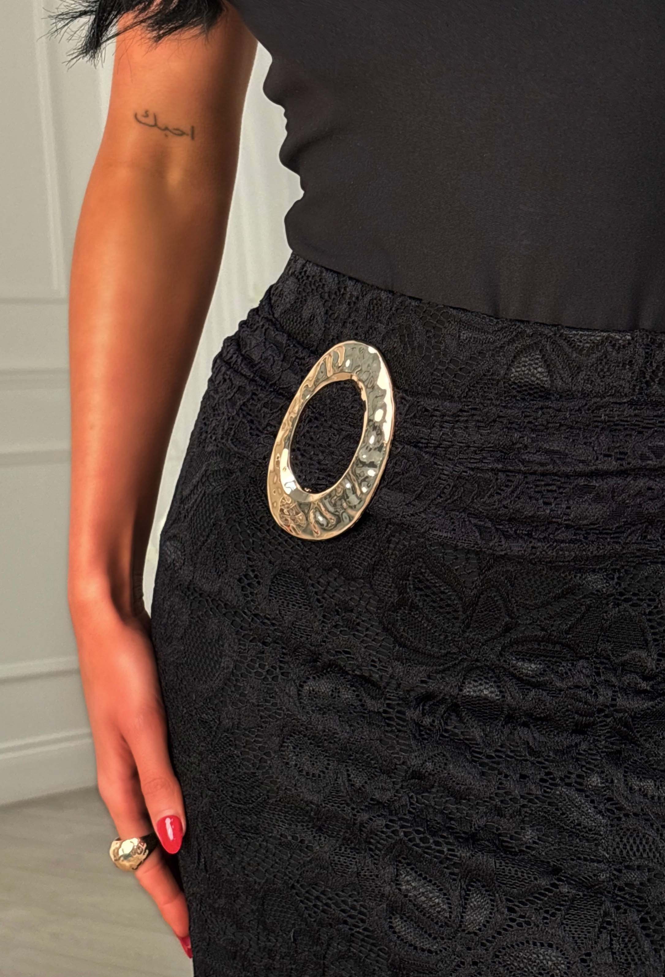 Estelle Black Lace Buckle Detail Leg Slit Midi Skirt - Image 2