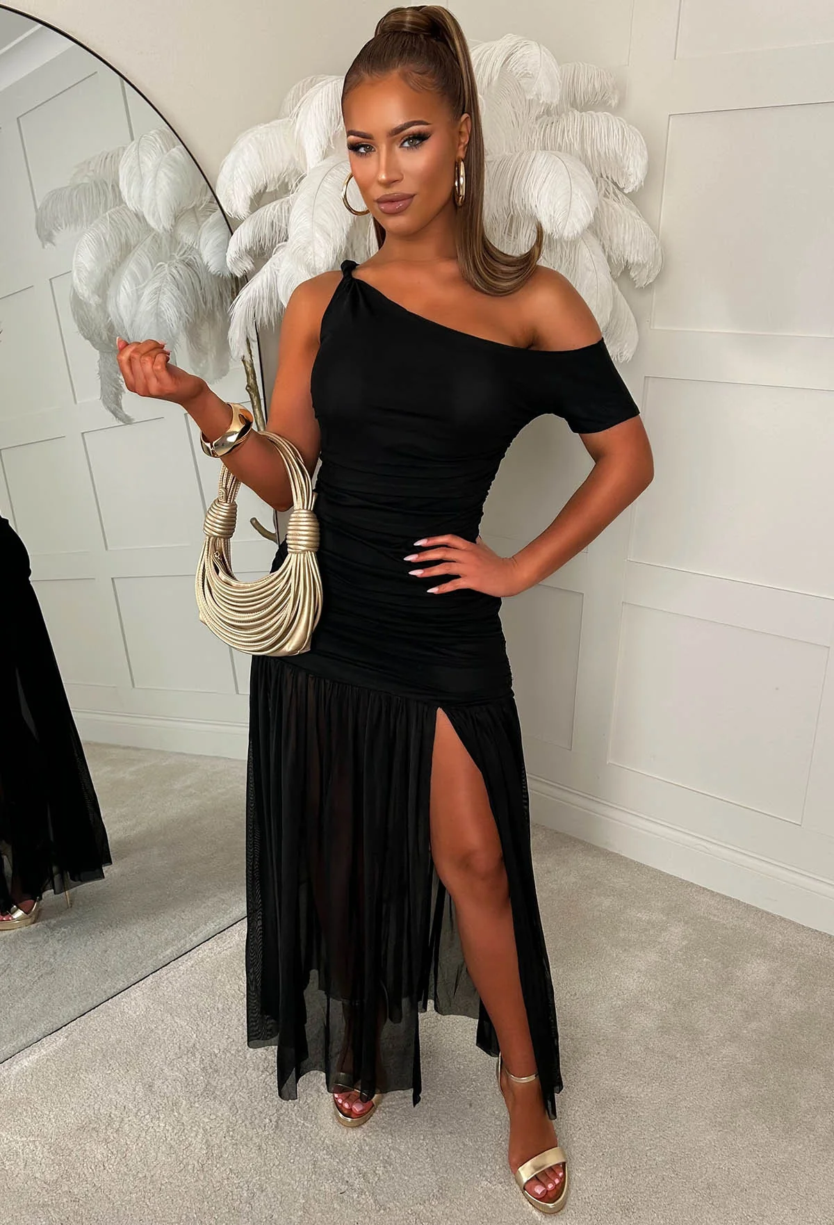 Eternal Romance Black Off The Shoulder Ruched Maxi Dress - Image 4