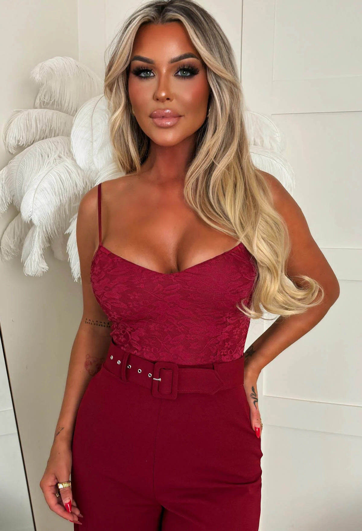 Evening Radiance Burgundy Lace Top Crepe Jumpsuit - Image 3