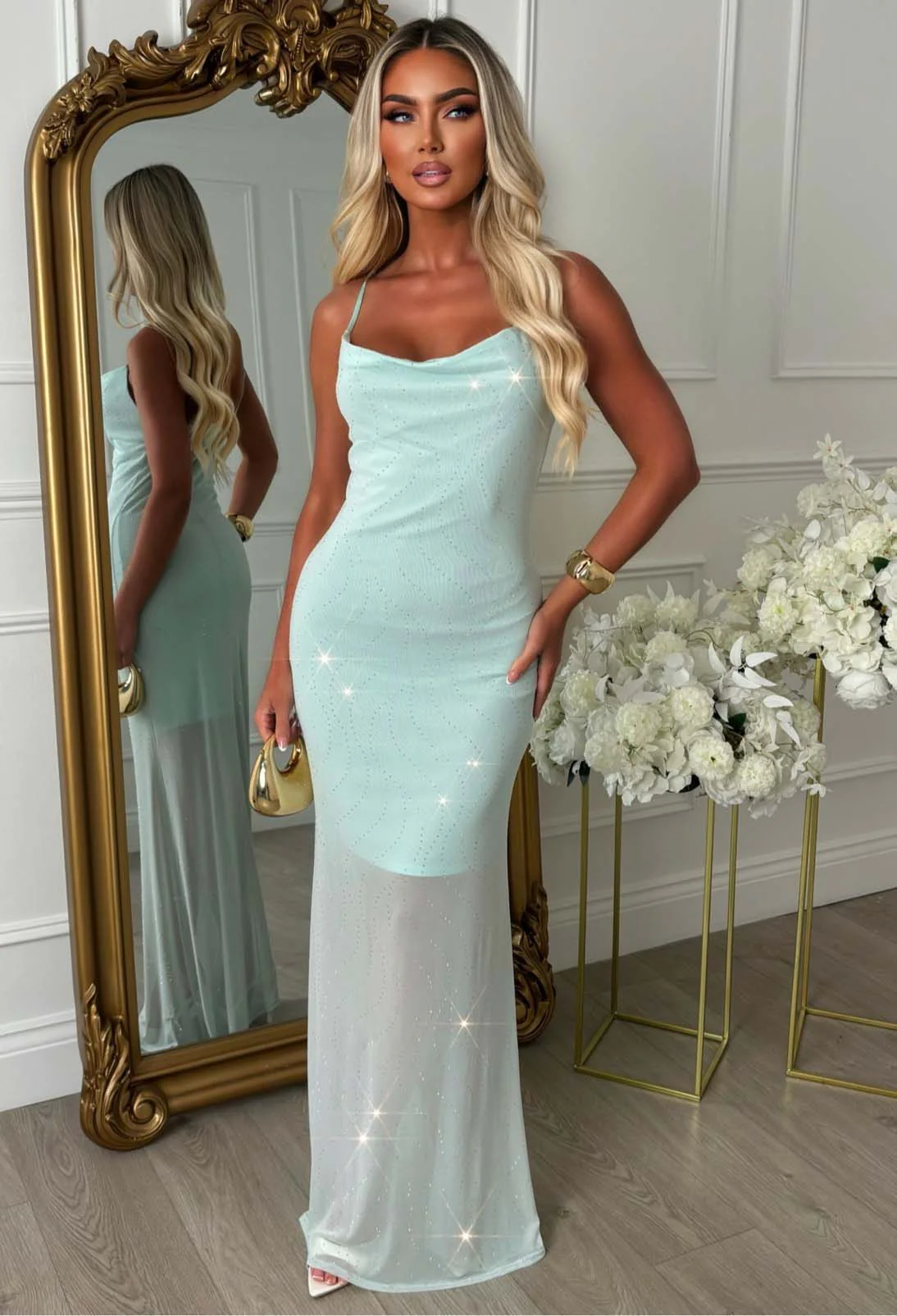 Evening Reverie Aqua Hot Fix Mesh Cowl Maxi Dress - Image 5