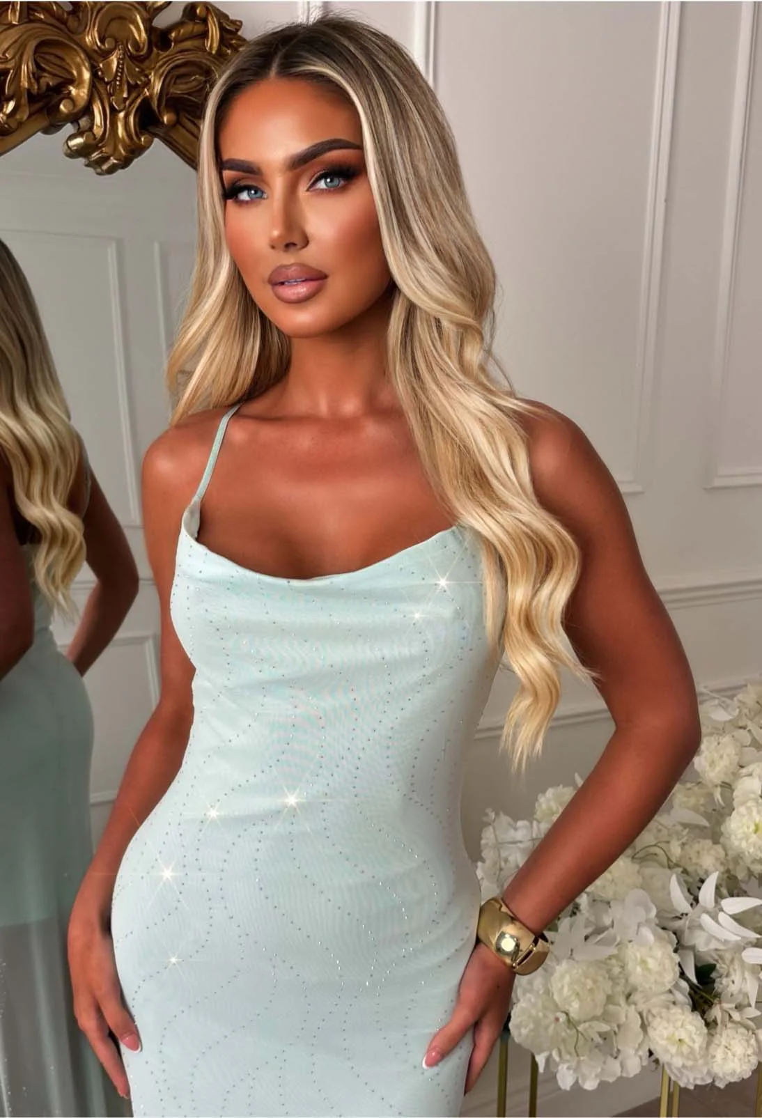 Evening Reverie Aqua Hot Fix Mesh Cowl Maxi Dress - Image 7