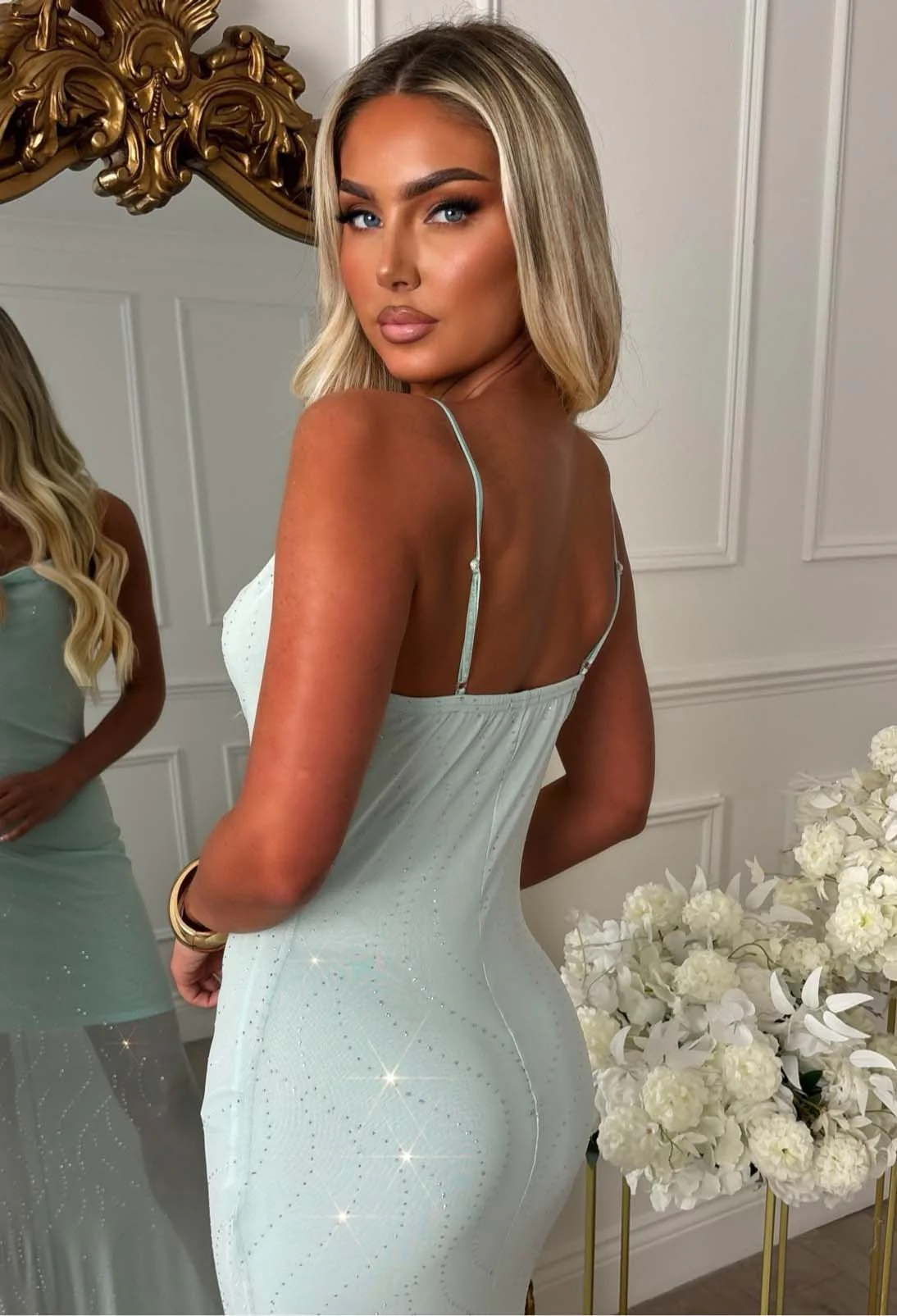 Evening Reverie Aqua Hot Fix Mesh Cowl Maxi Dress - Image 8