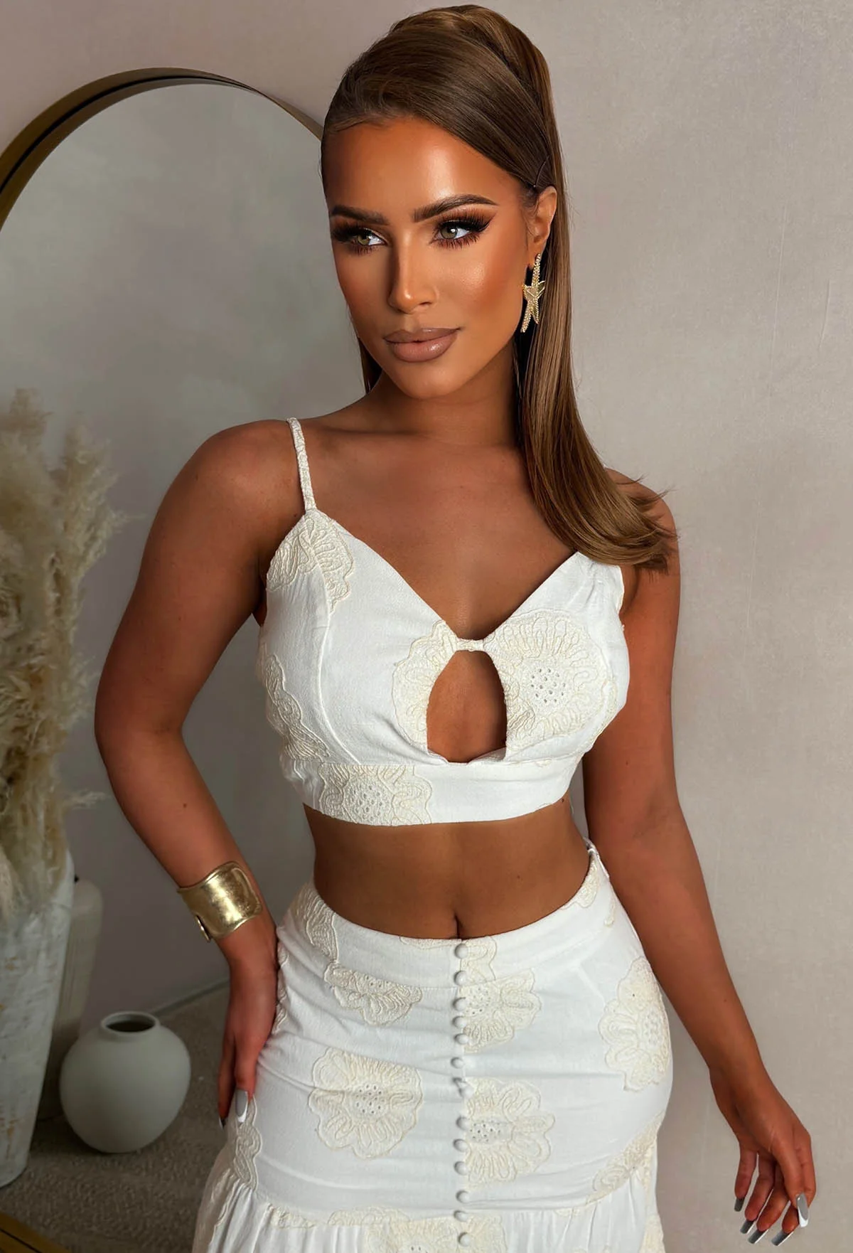 Exotic Evenings Cream Embroidery Anglaise Maxi Skirt And Crop Top Co-Ord - Image 3