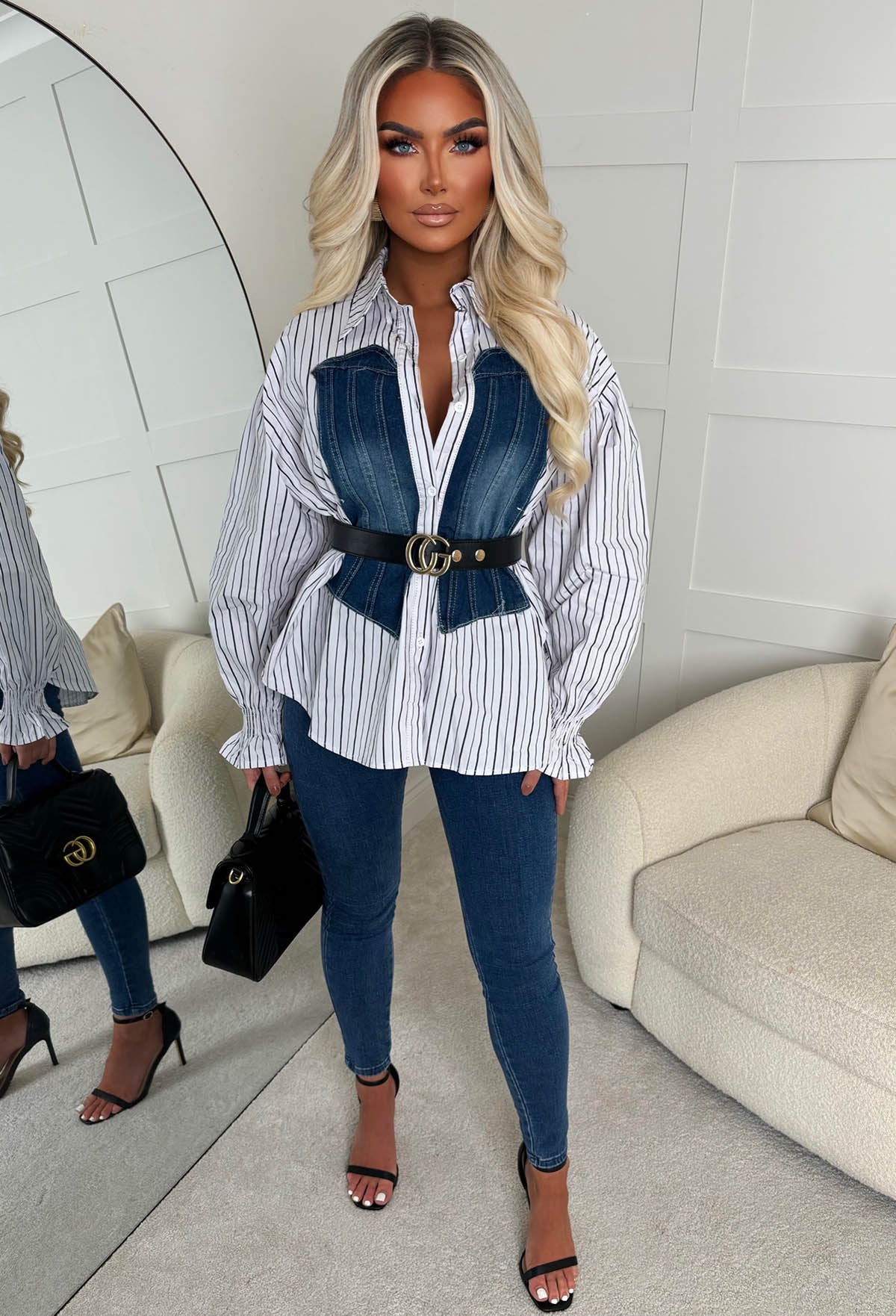 Feel My Love Blue Denim Bodice Striped Shirt - Image 2
