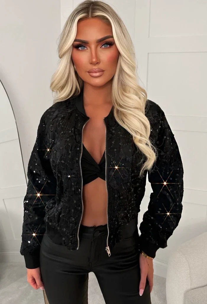 Feeling Lacey Black Lace Sequin Bomber Jacket - Image 3