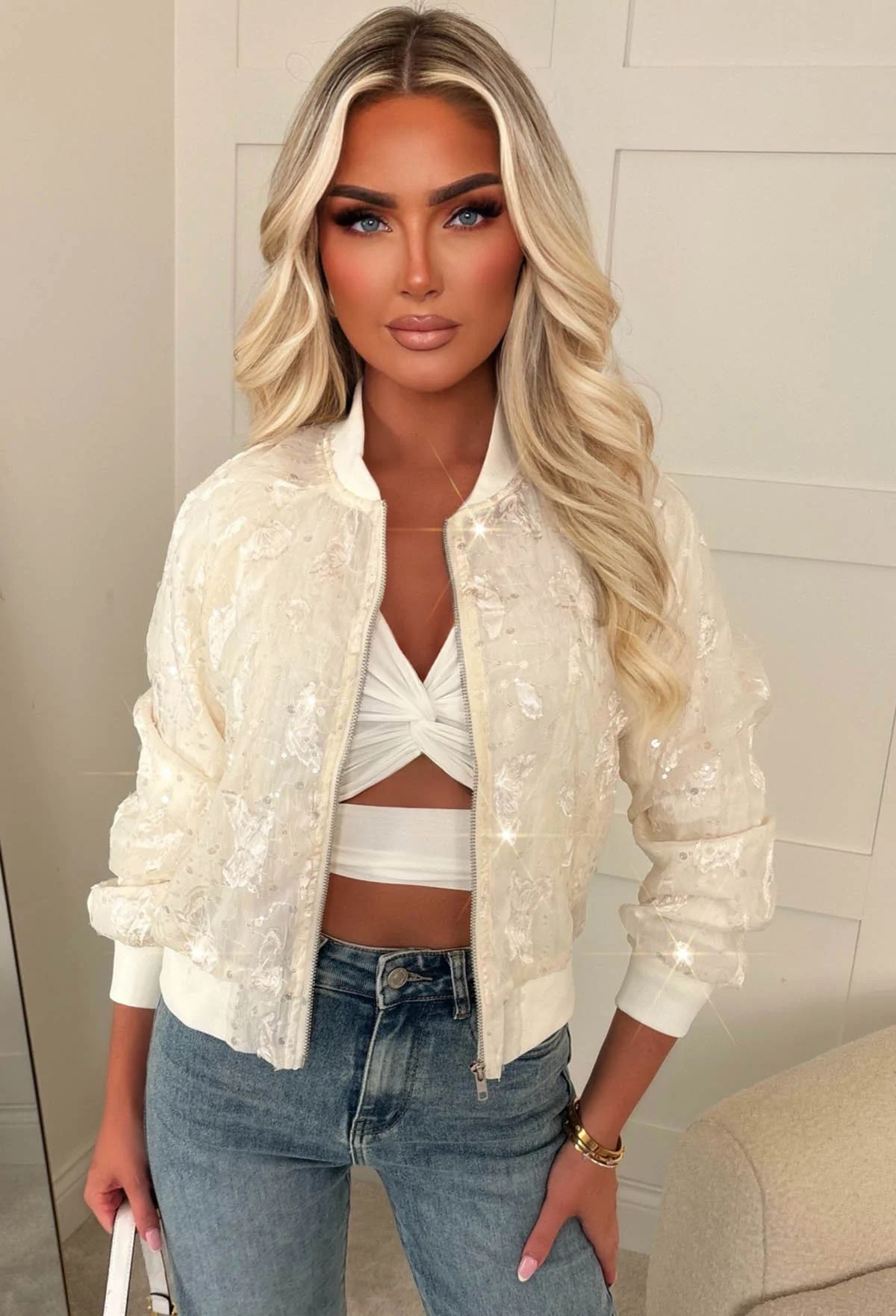 Feeling Lacey Cream Lace Sequin Bomber Jacket - Image 3