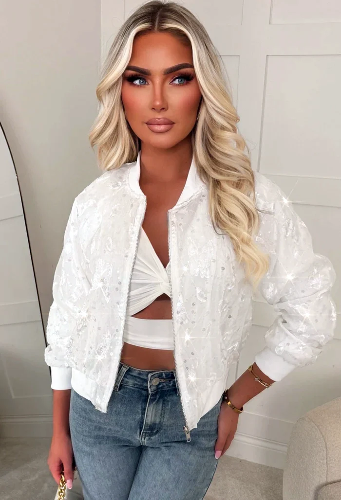 Feeling Lacey White Lace Sequin Bomber Jacket - Image 3