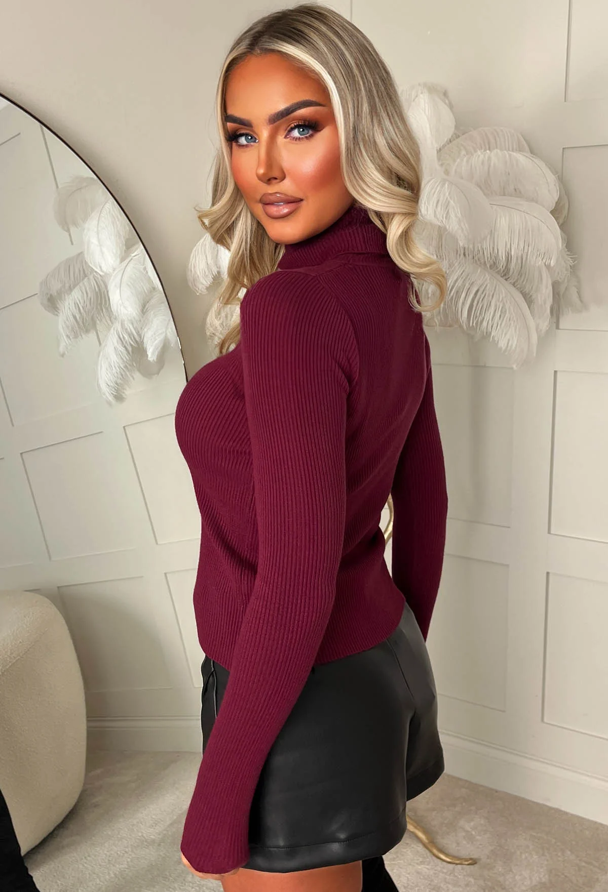 Feels Like Forever Wine Ultra Soft Rib Knit Roll Neck Jumper - Image 3