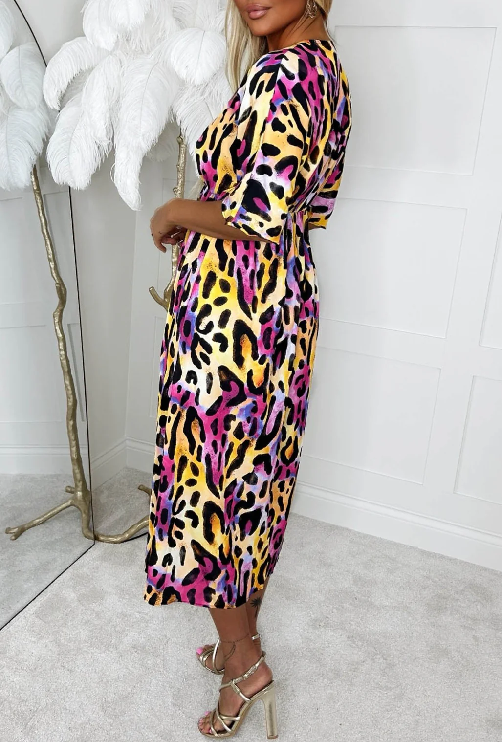 Feline Wild Multi Leopard Printed Leg Split Midi Dress - Image 3