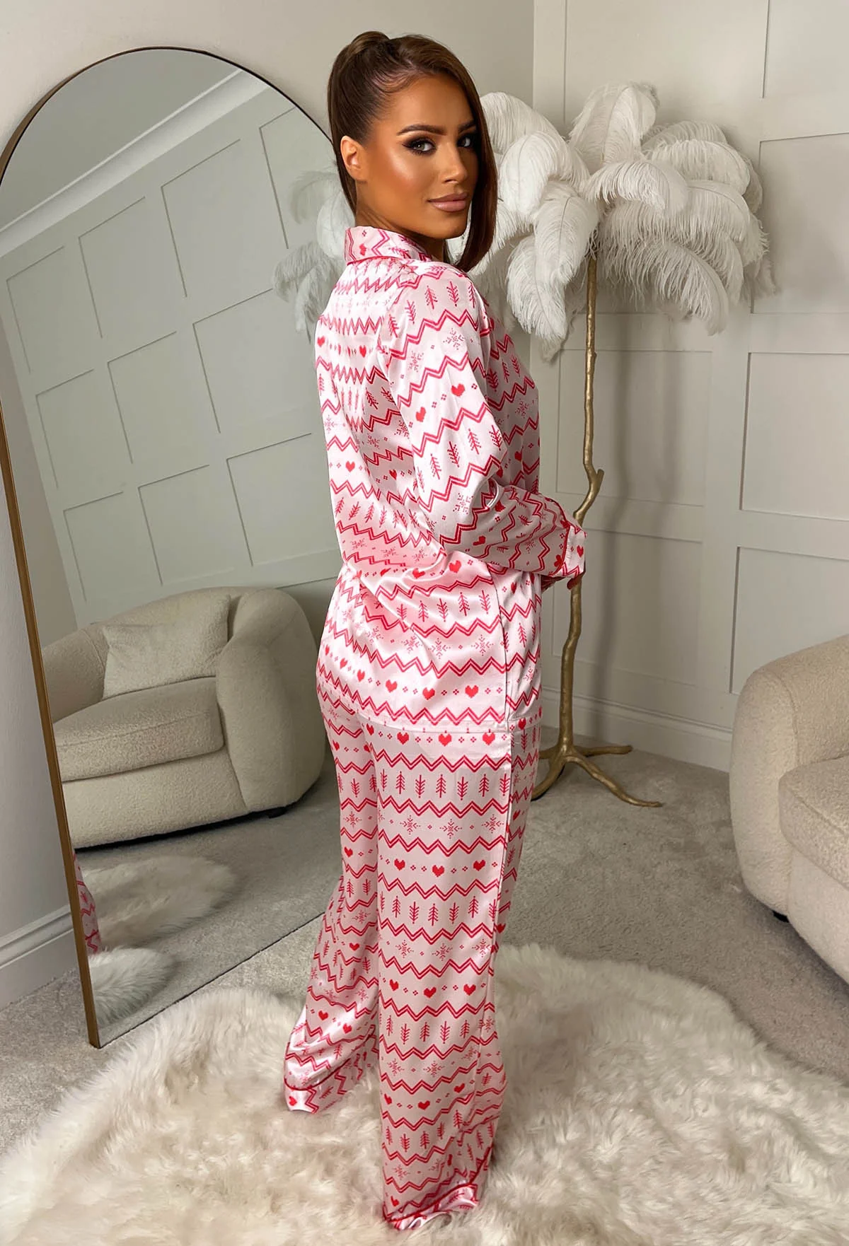 Festive Chic Light Pink Fairisle Print Long Sleeve Pyjama Set - Image 2