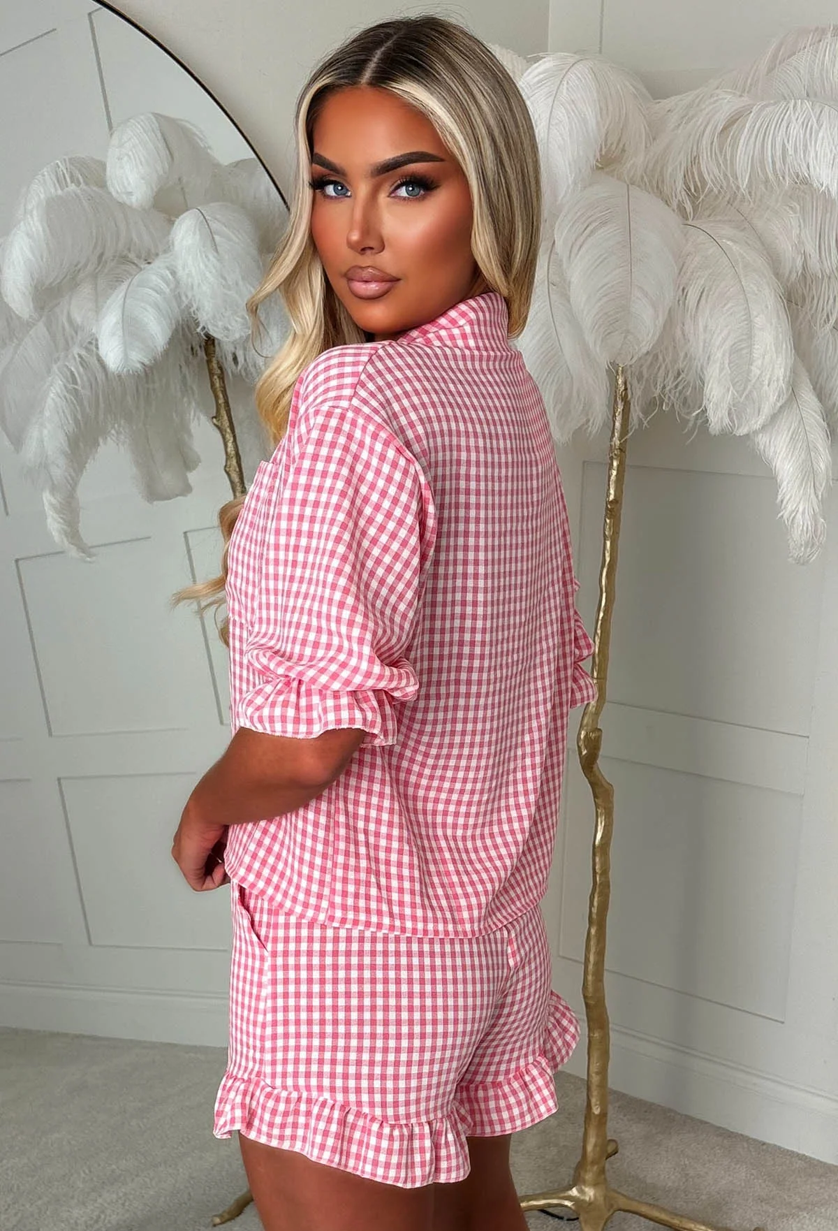 Fever Dream Red Gingham Printed Frill Shirt & Shorts Co-Ord Set - Image 2