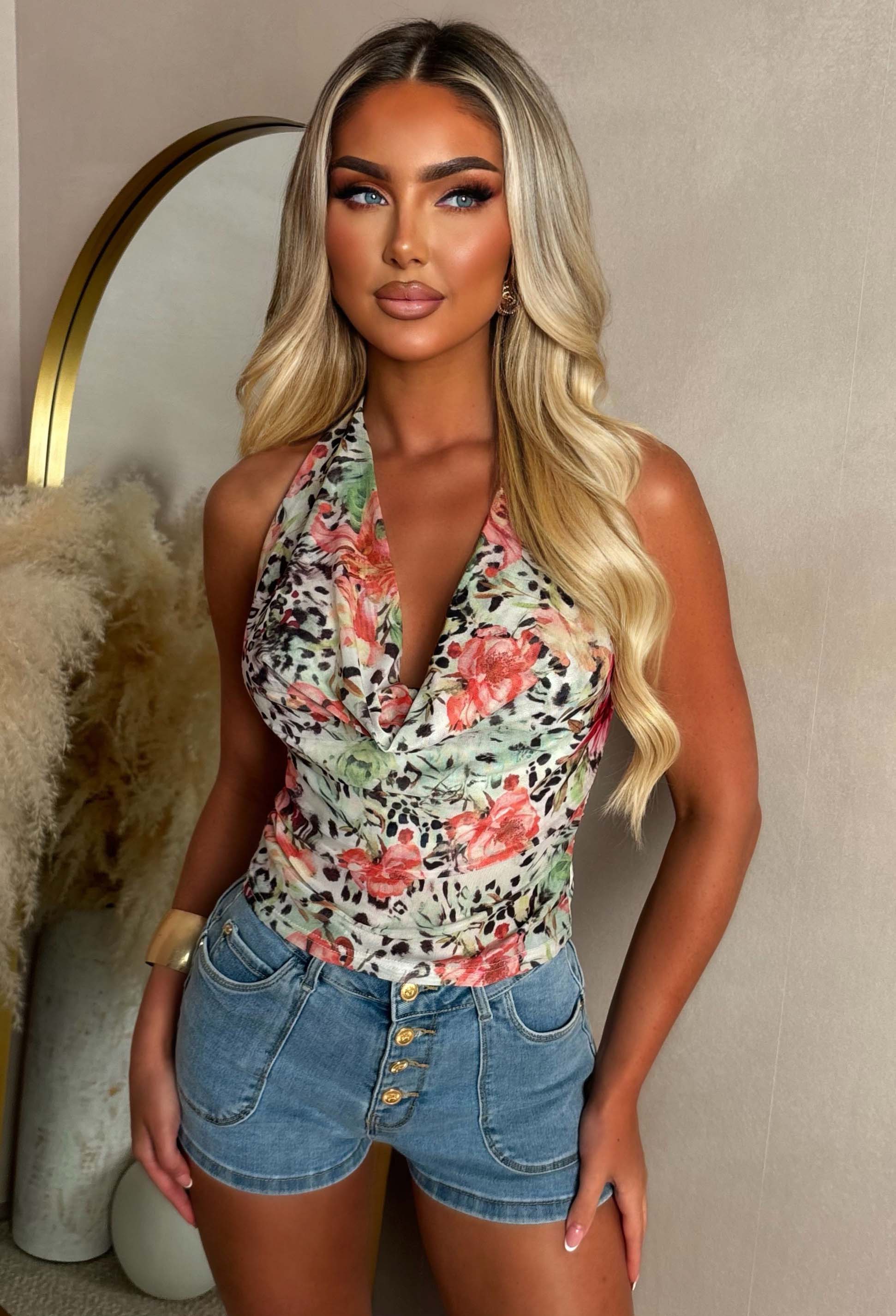 Fierce Floral Multi Animal Print Halter Neck Top - Image 3