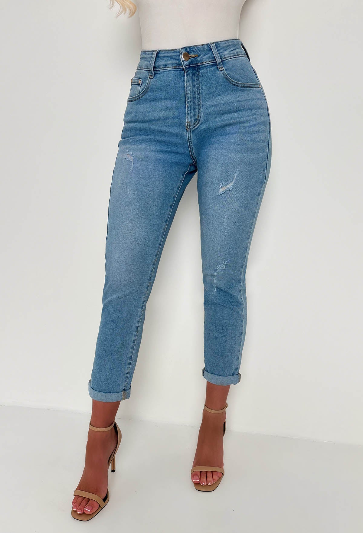 Fierce Forever Mid Blue Stretch Distressed Turn Up Mom Jeans - Image 4
