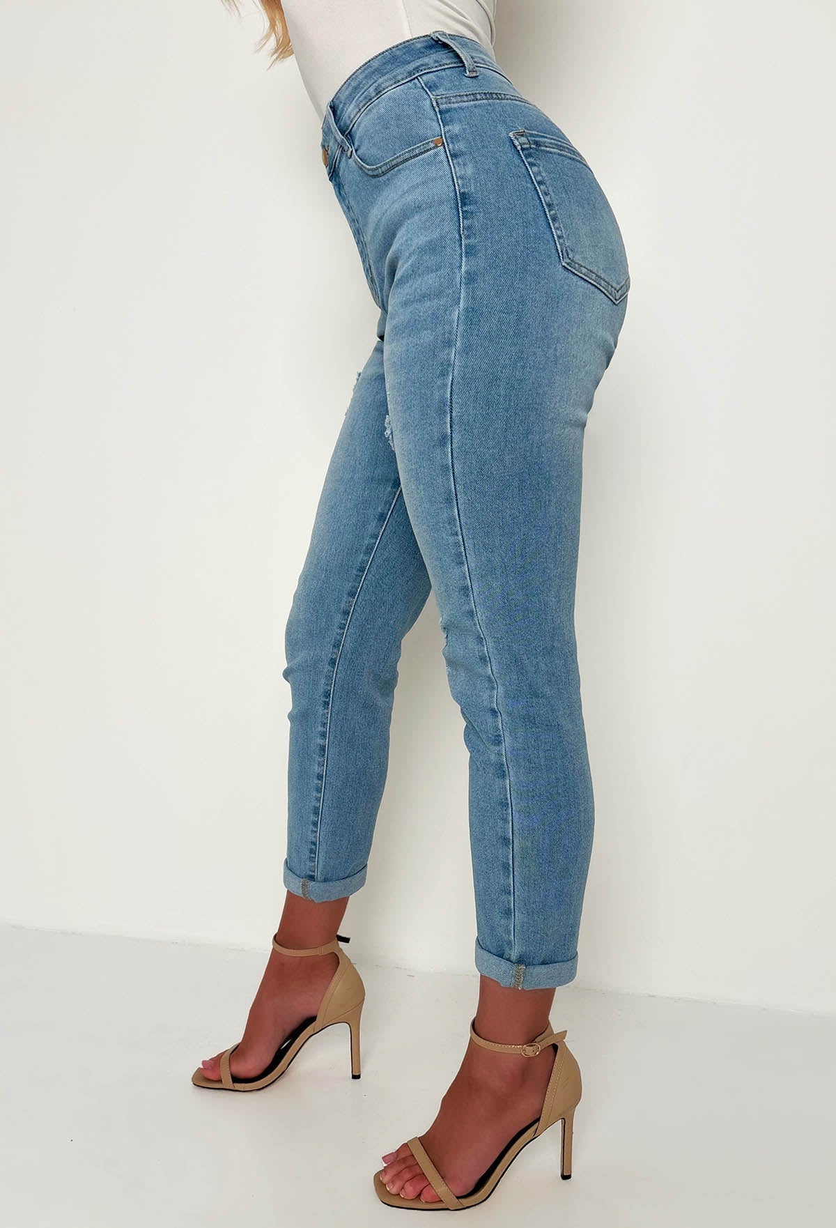 Fierce Forever Mid Blue Stretch Distressed Turn Up Mom Jeans - Image 6