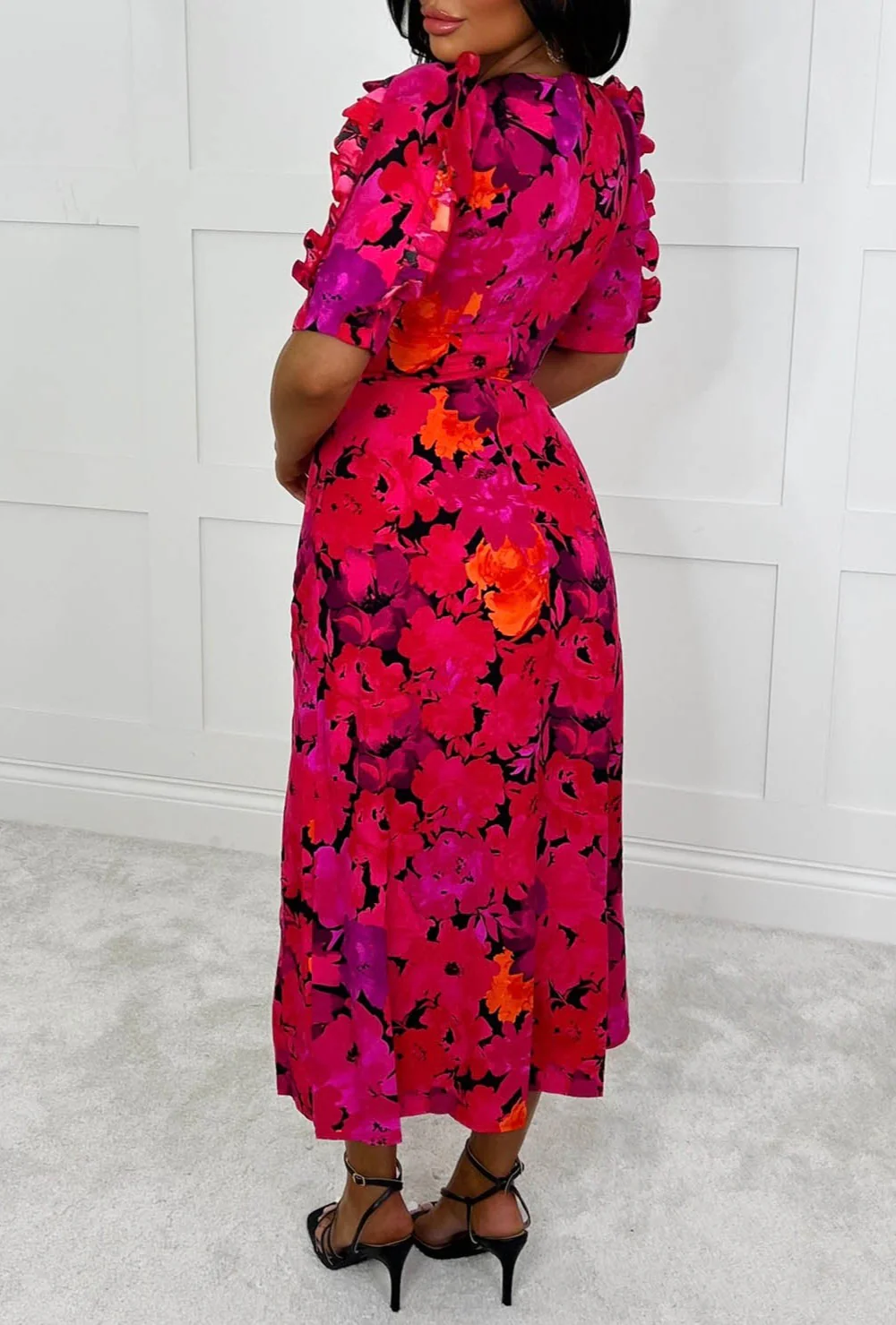 Finding Paradise Red Floral Ruffle Sleeve Leg Split Midi Dress - Image 3
