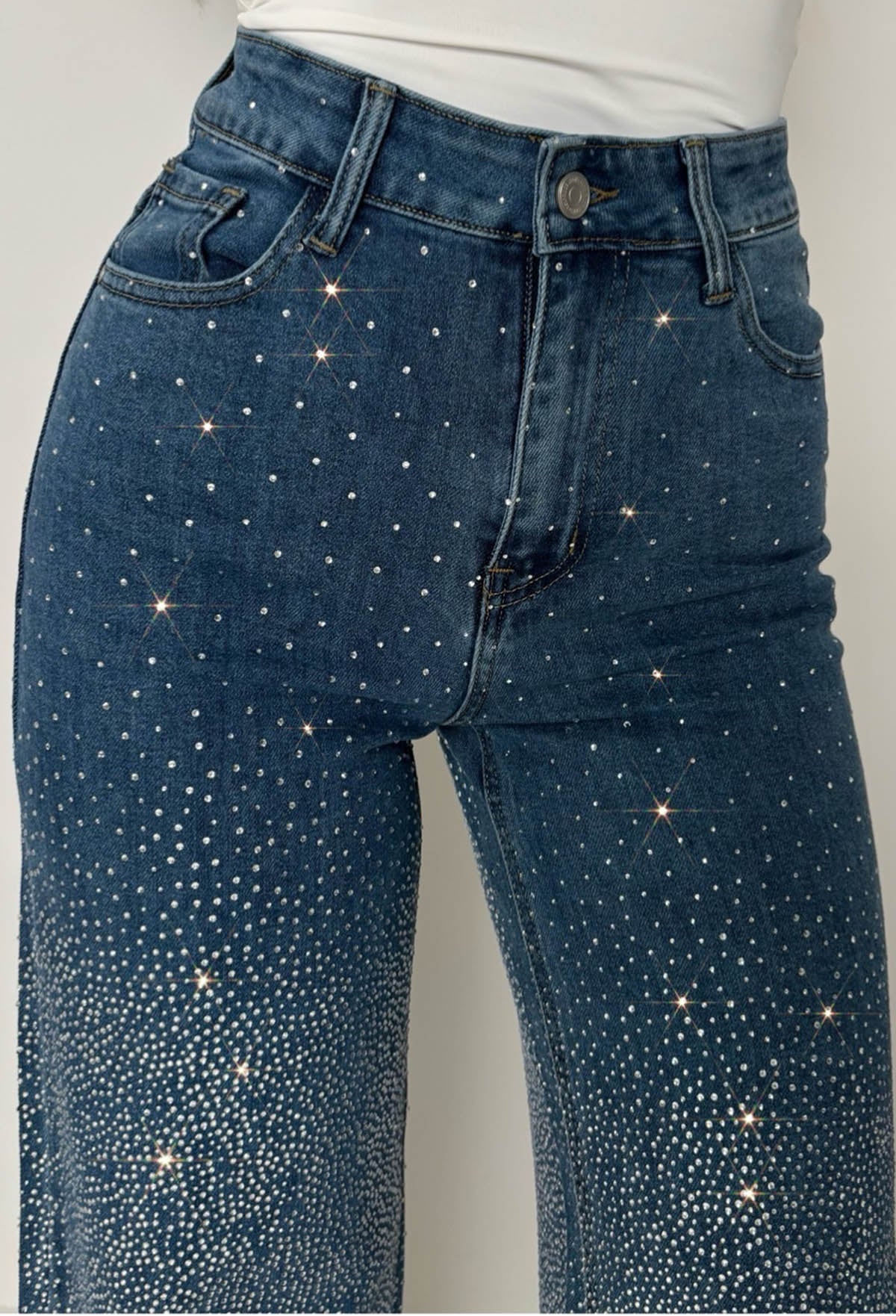 Fixed On You Mid Blue Hot Fix Stretch Wide Leg Jeans - Image 2