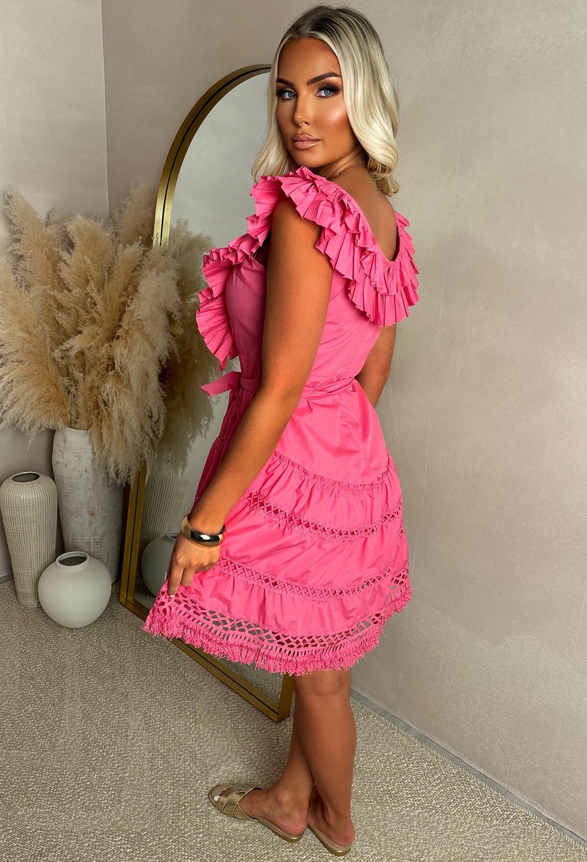 Flamingo Fantasy Fuchsia Cutwork Frill Detail Mini Dress - Image 4