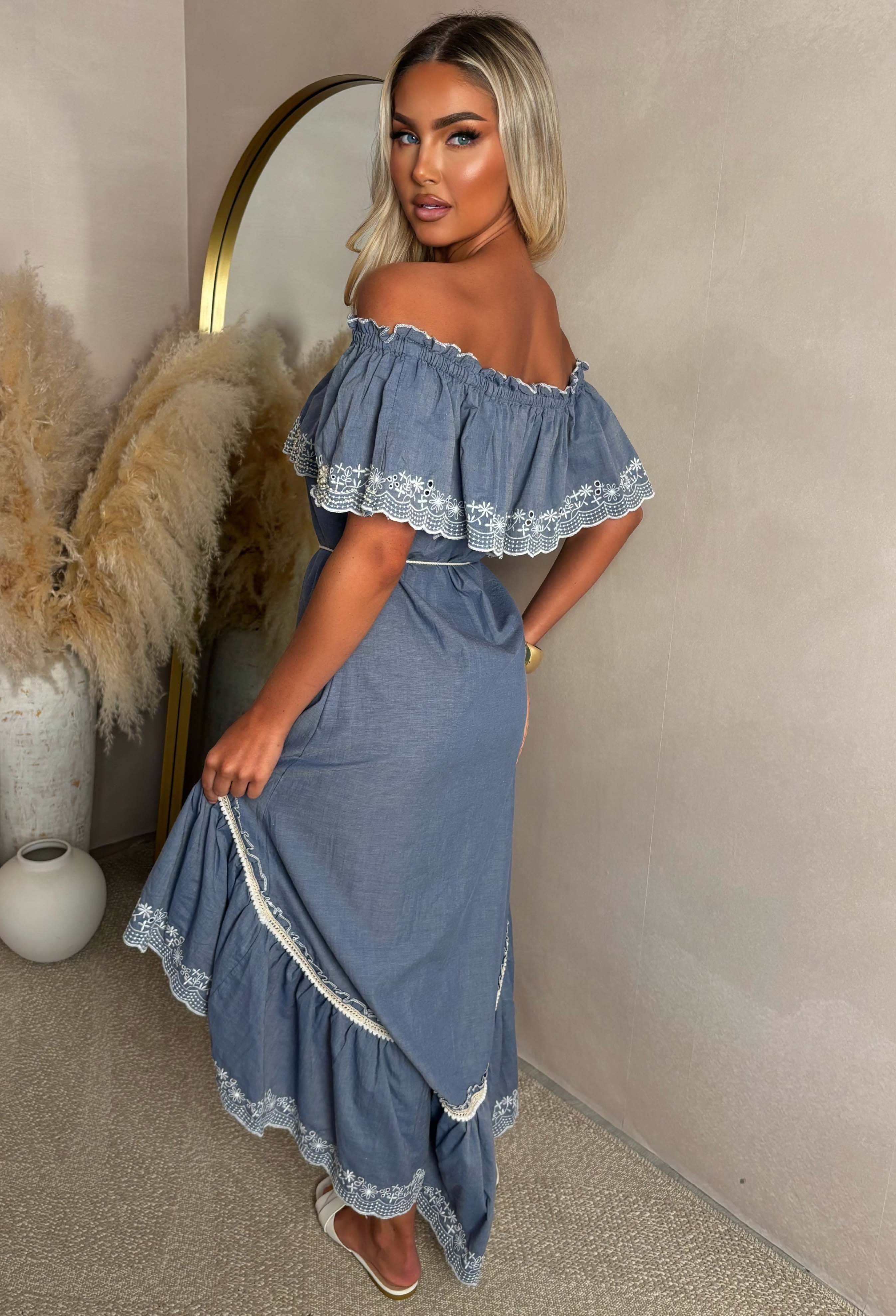 Flirt And Frill Blue Bardot Boho Lace Trim Chambray Dress - Image 2