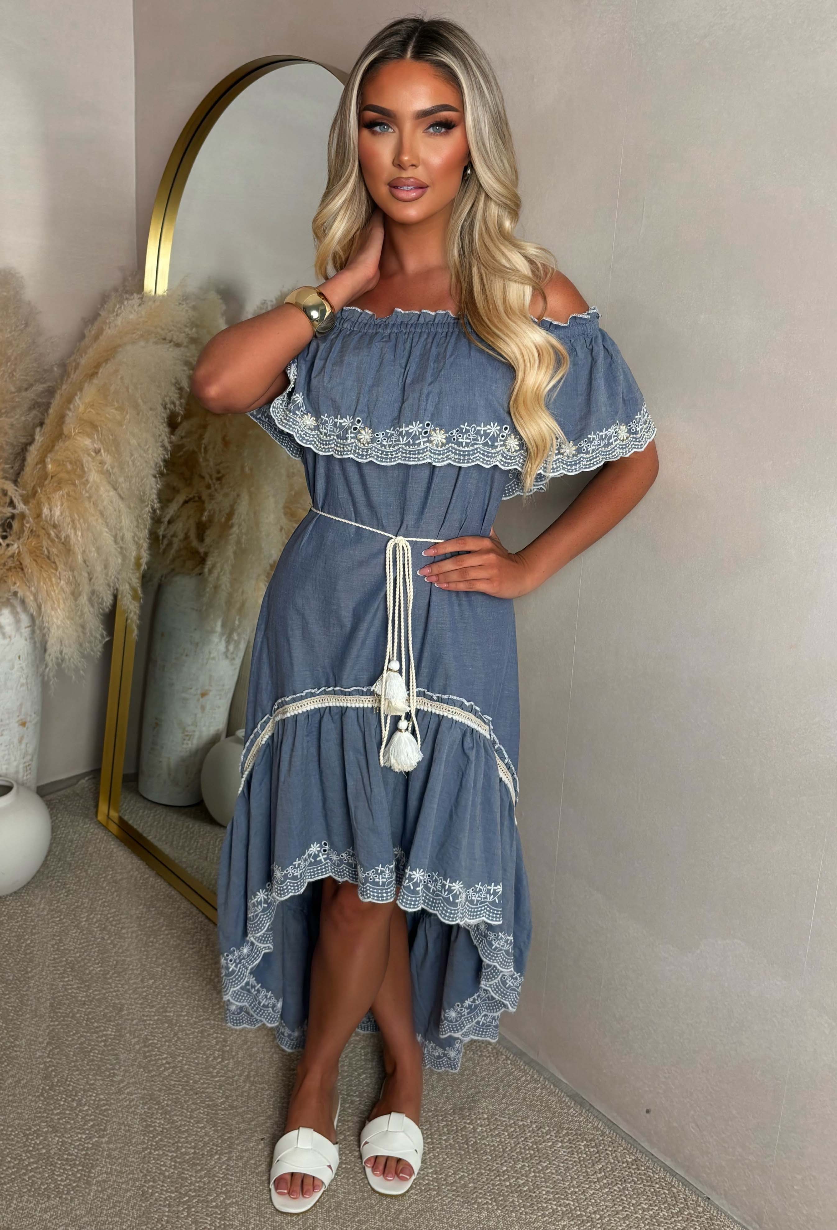 Flirt And Frill Blue Bardot Boho Lace Trim Chambray Dress - Image 3