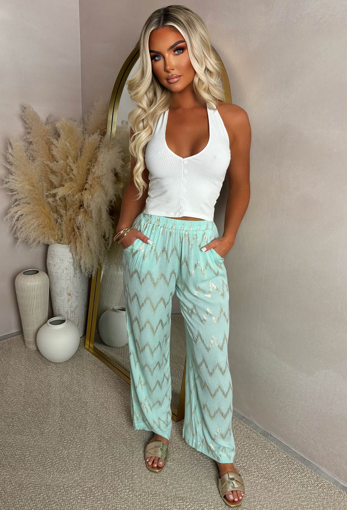Flirt Factor Teal Gold Foil Zig Zag Straight Leg Stretch Trousers - Image 3