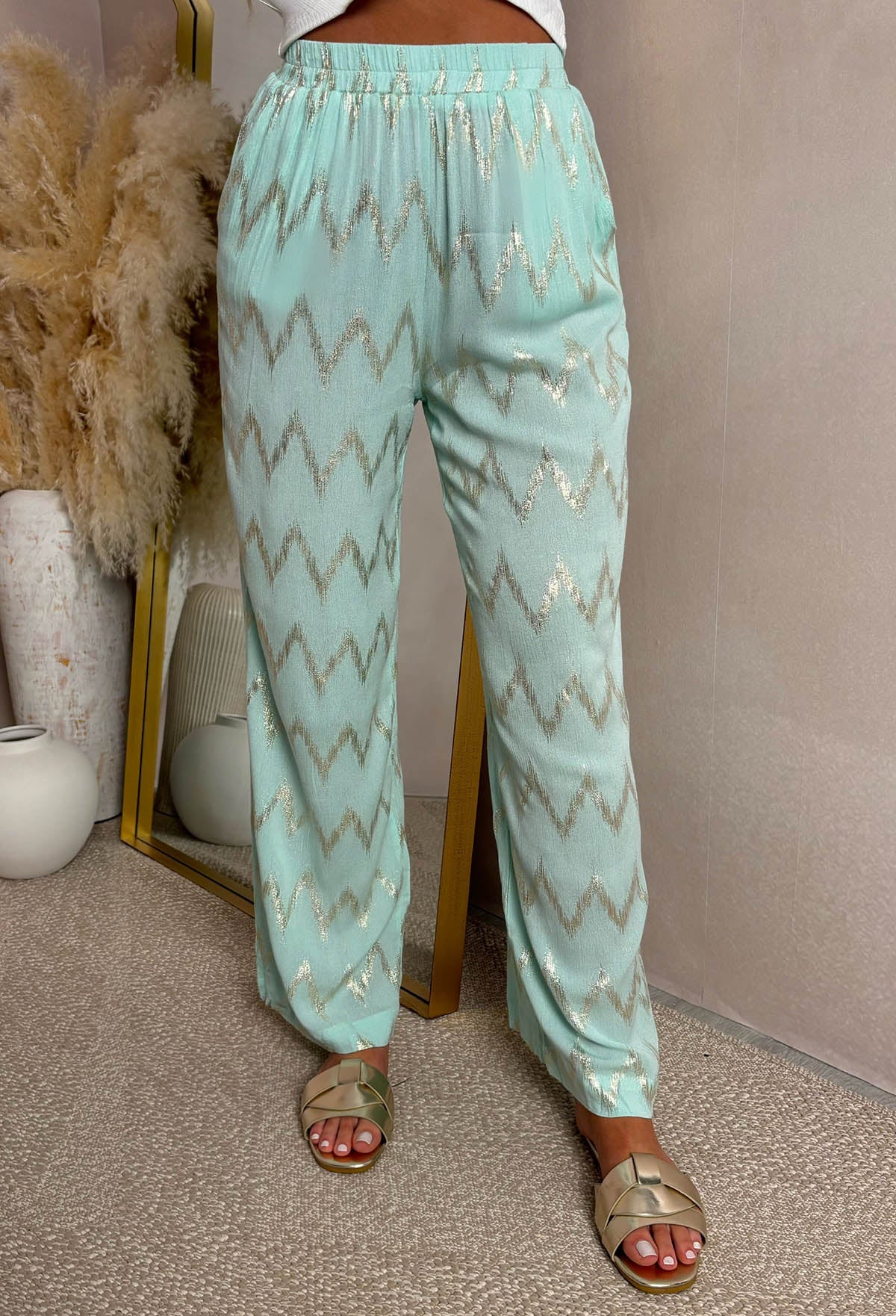 Flirt Factor Teal Gold Foil Zig Zag Straight Leg Stretch Trousers - Image 4