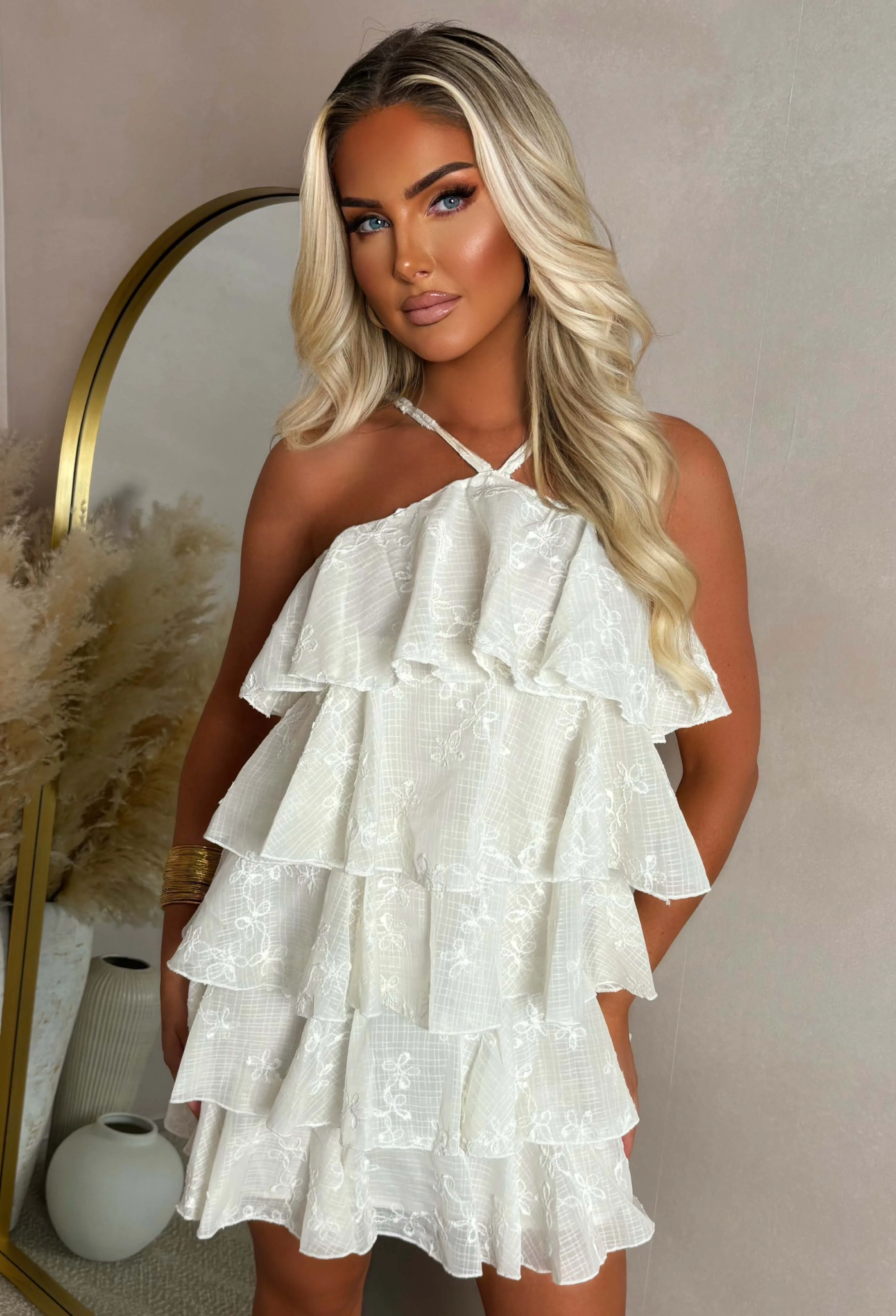 Flirtini Fiesta Cream Frill Halter Strap Embroidered Mini Dress - Image 2