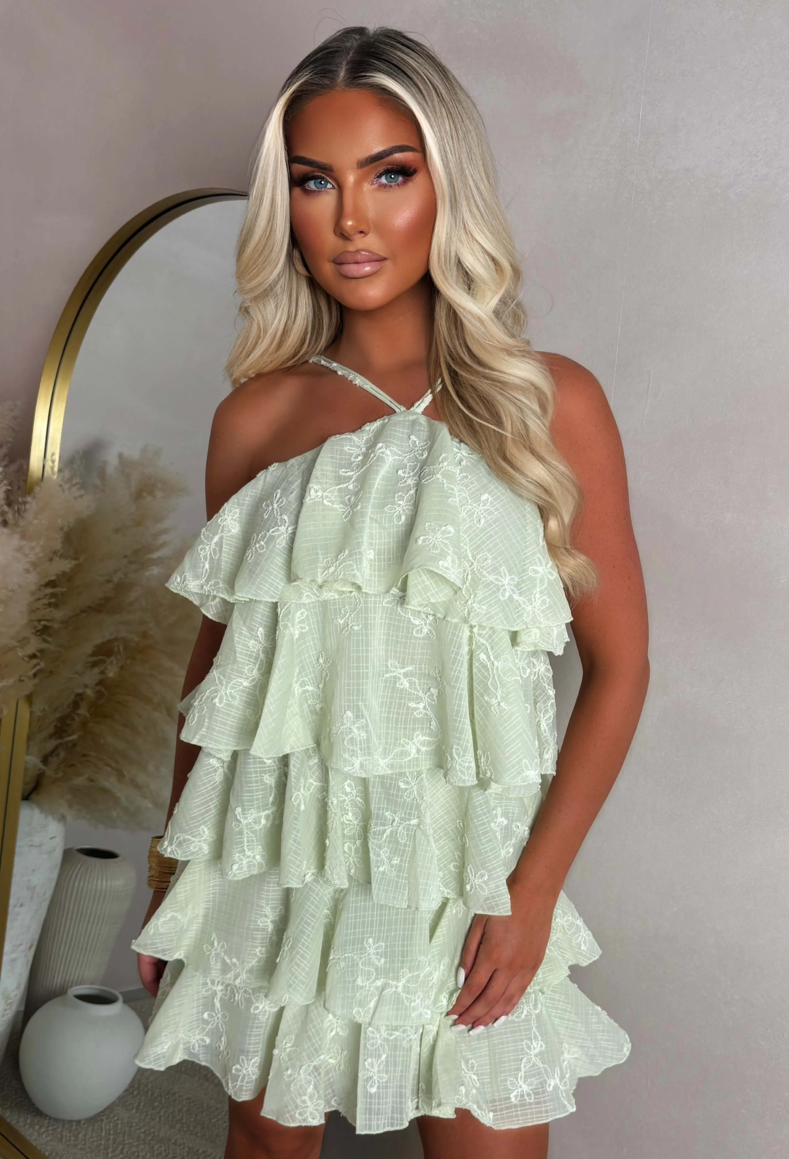 Flirtini Fiesta Green Frill Halter Strap Embroidered Mini Dress - Image 2
