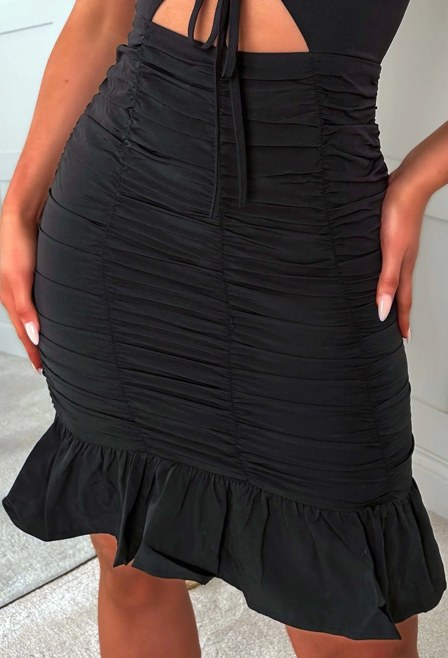 Flirty Flutter Black Ruched Cut Out Mini Dress - Image 3