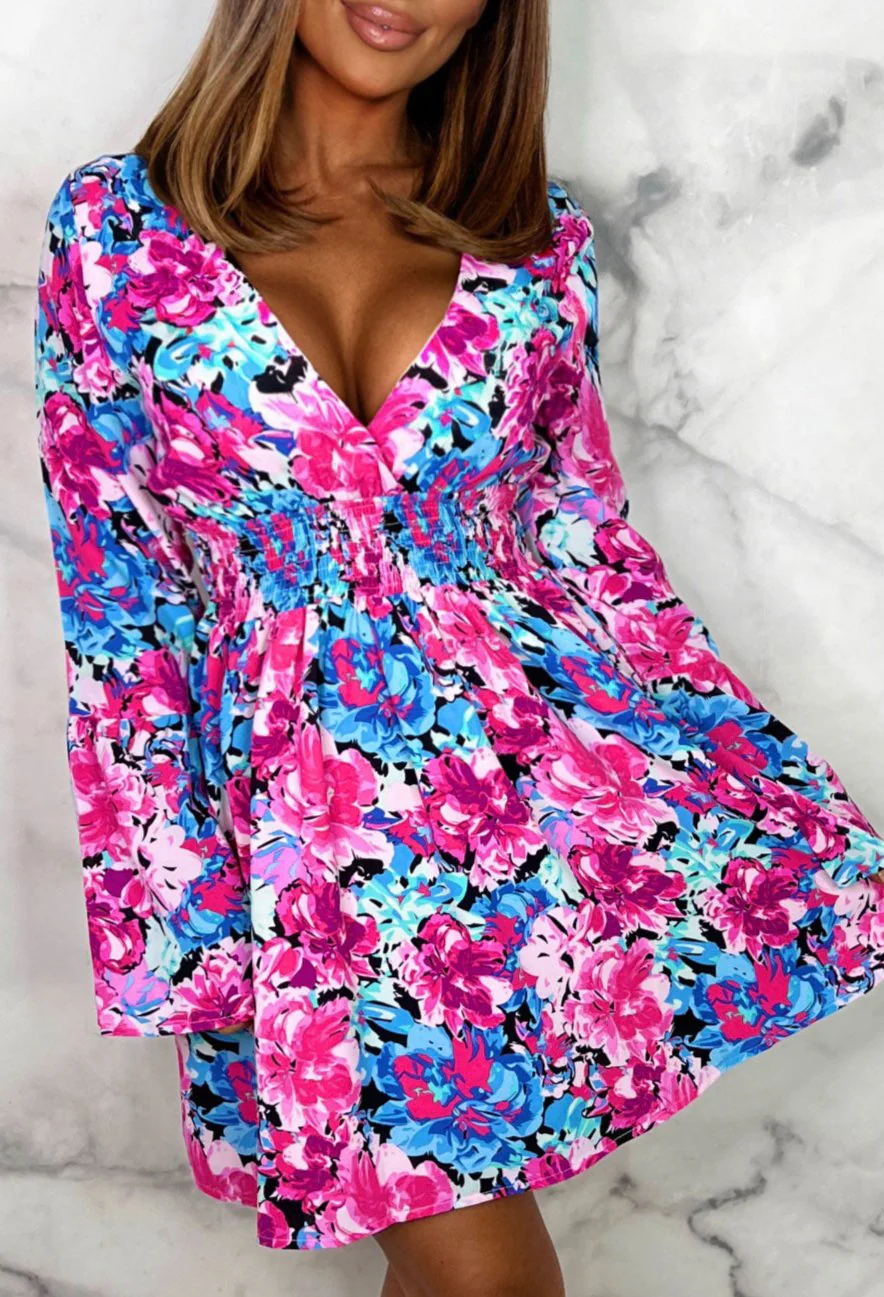 Floral Delight Multi Long Sleeve Open Back Floral Skater Mini Dress - Image 3