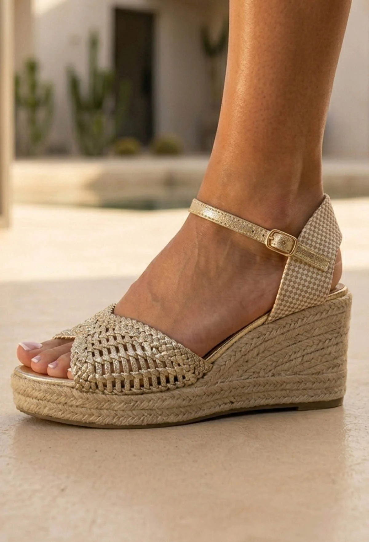 Florida Gold Raffia Woven Wedges - Image 4