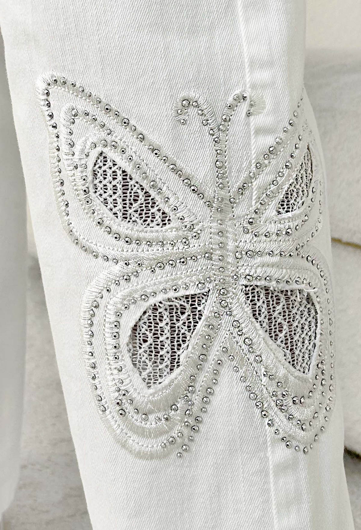 Flutter Effect White Butterfly Sparkling Stretch Straight Leg Jeans - Image 3