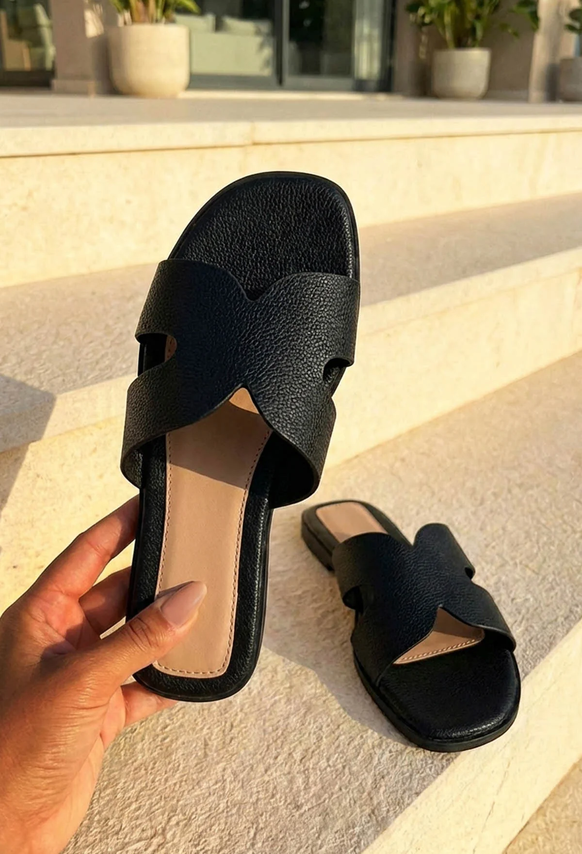 Forever You Black Faux Leather Sliders - Image 2