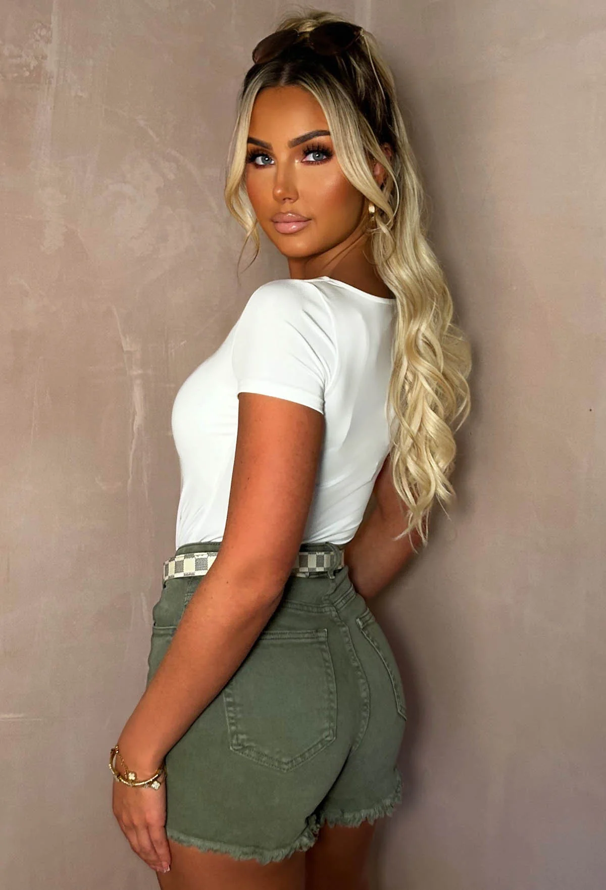 Frayed Destiny Khaki Frayed Stretch Cut Off Shorts - Image 2