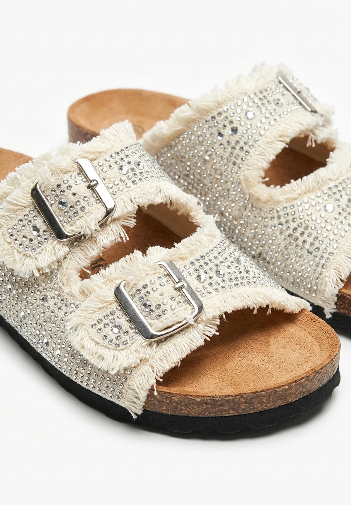 Frayed Forever Beige Embellished Sliders - Image 2