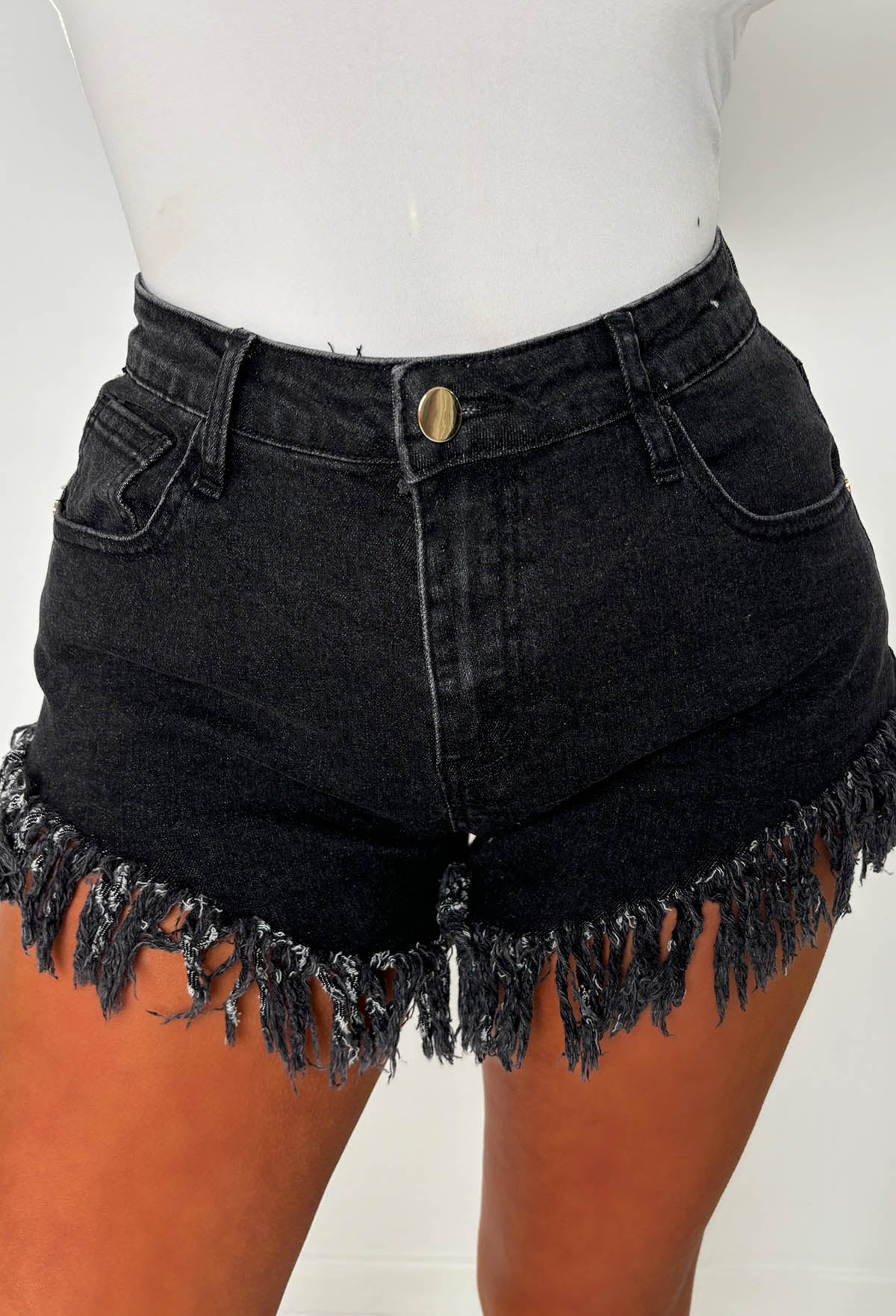 Frayed & Frantic Black Frayed Cut Off Stretch Denim Shorts - Image 3