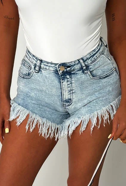 Frayed & Frantic Light Blue Frayed Cut Off Stretch Denim Shorts - Image 3