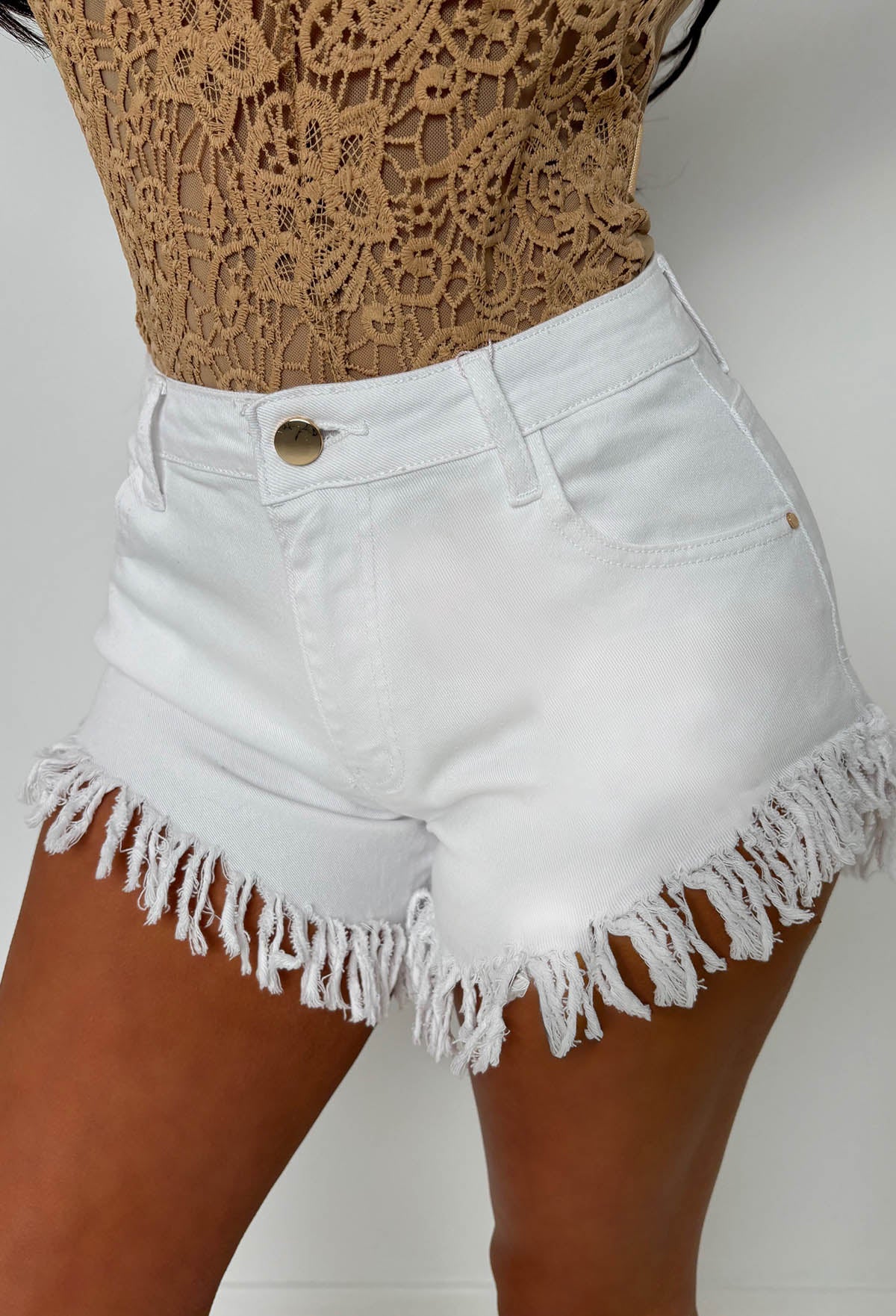 Frayed & Frantic White Stretch Frayed Cut Off Denim Shorts - Image 4